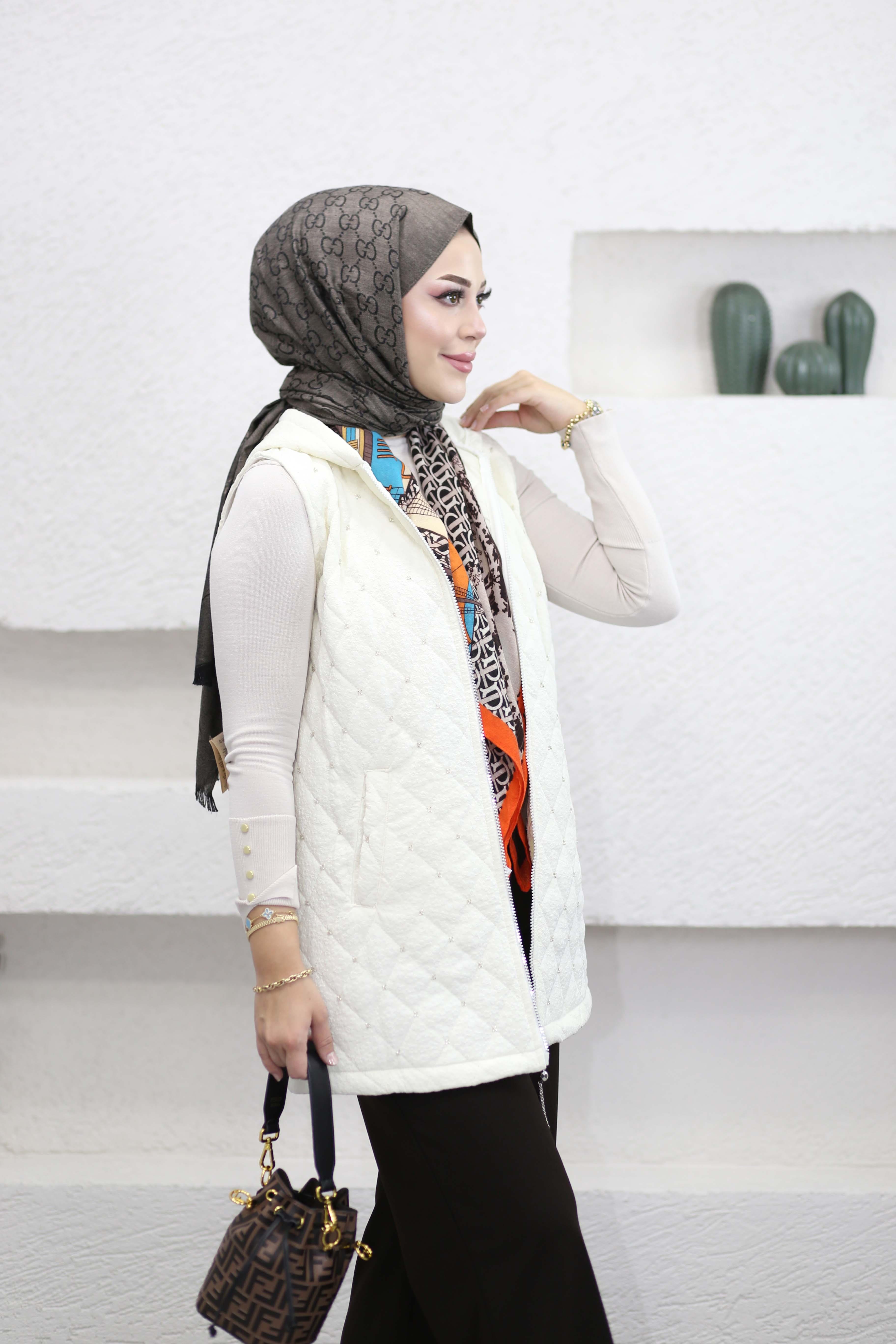 Baklava Desen Taşlı Yelek Ekru 1735