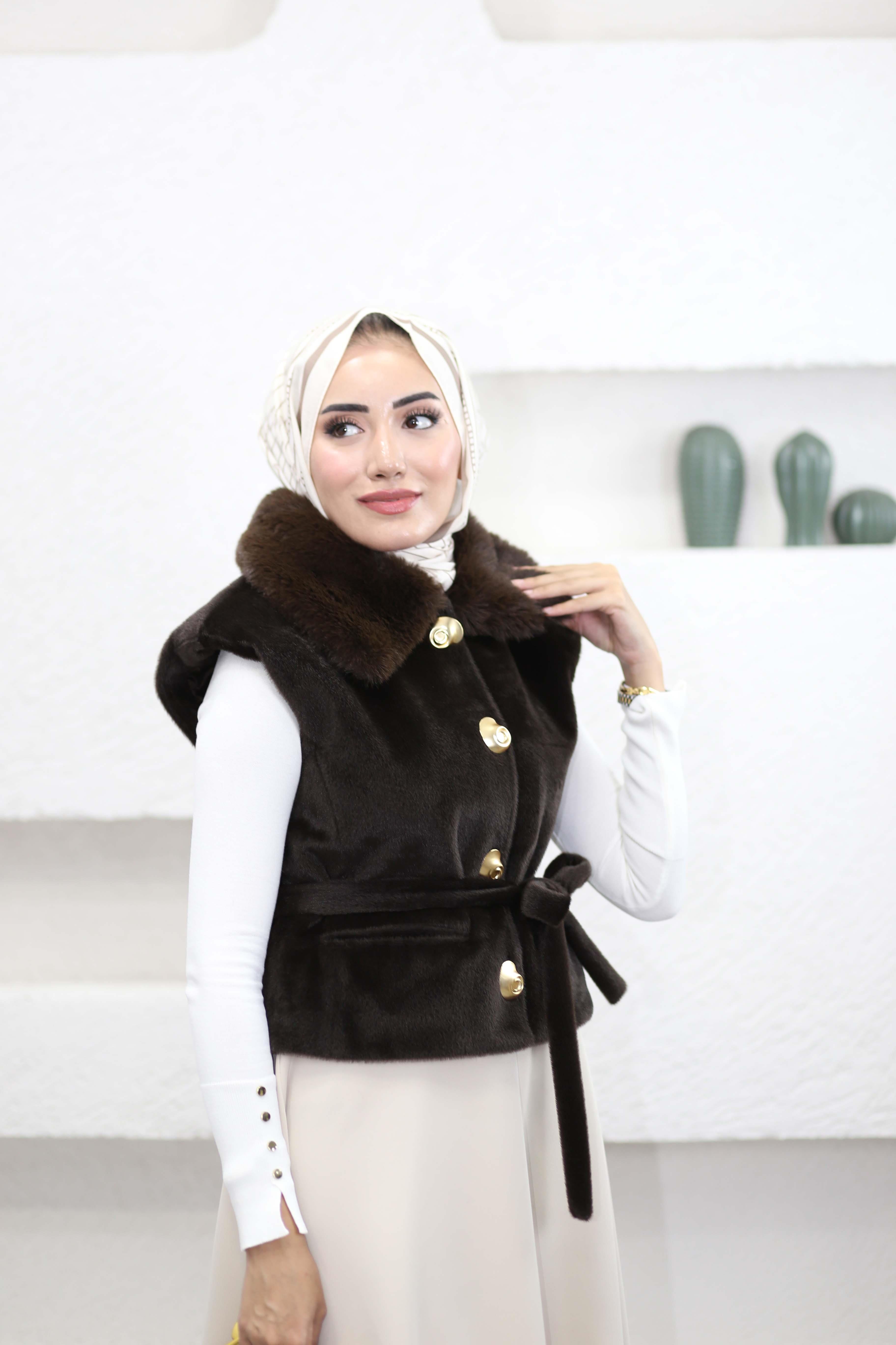 Sery Yaka Kürklü Yelek Kahverengi 6907