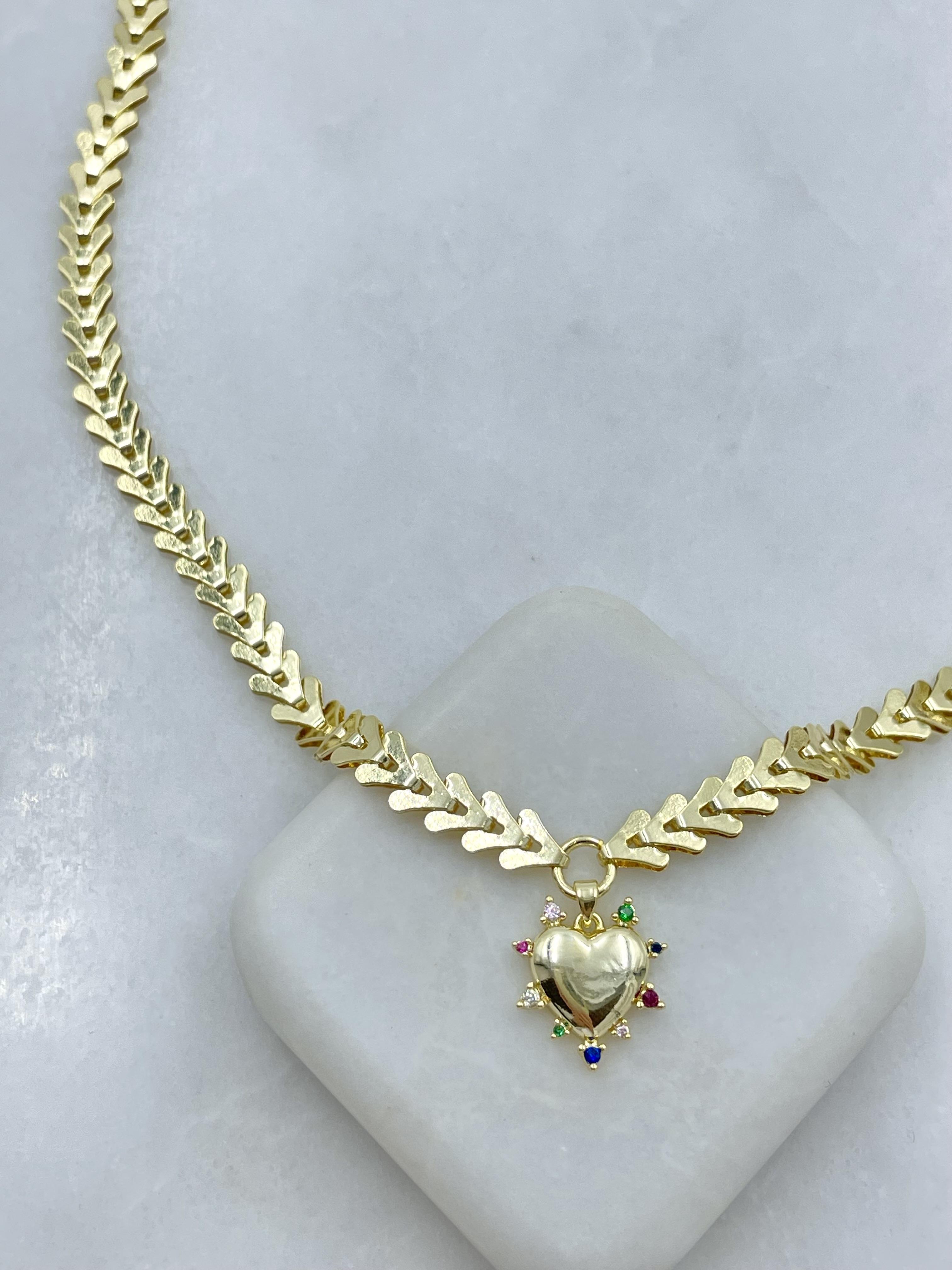 Altın Kaplama Renkli Kalp Balık Sırtı Kolye Gold