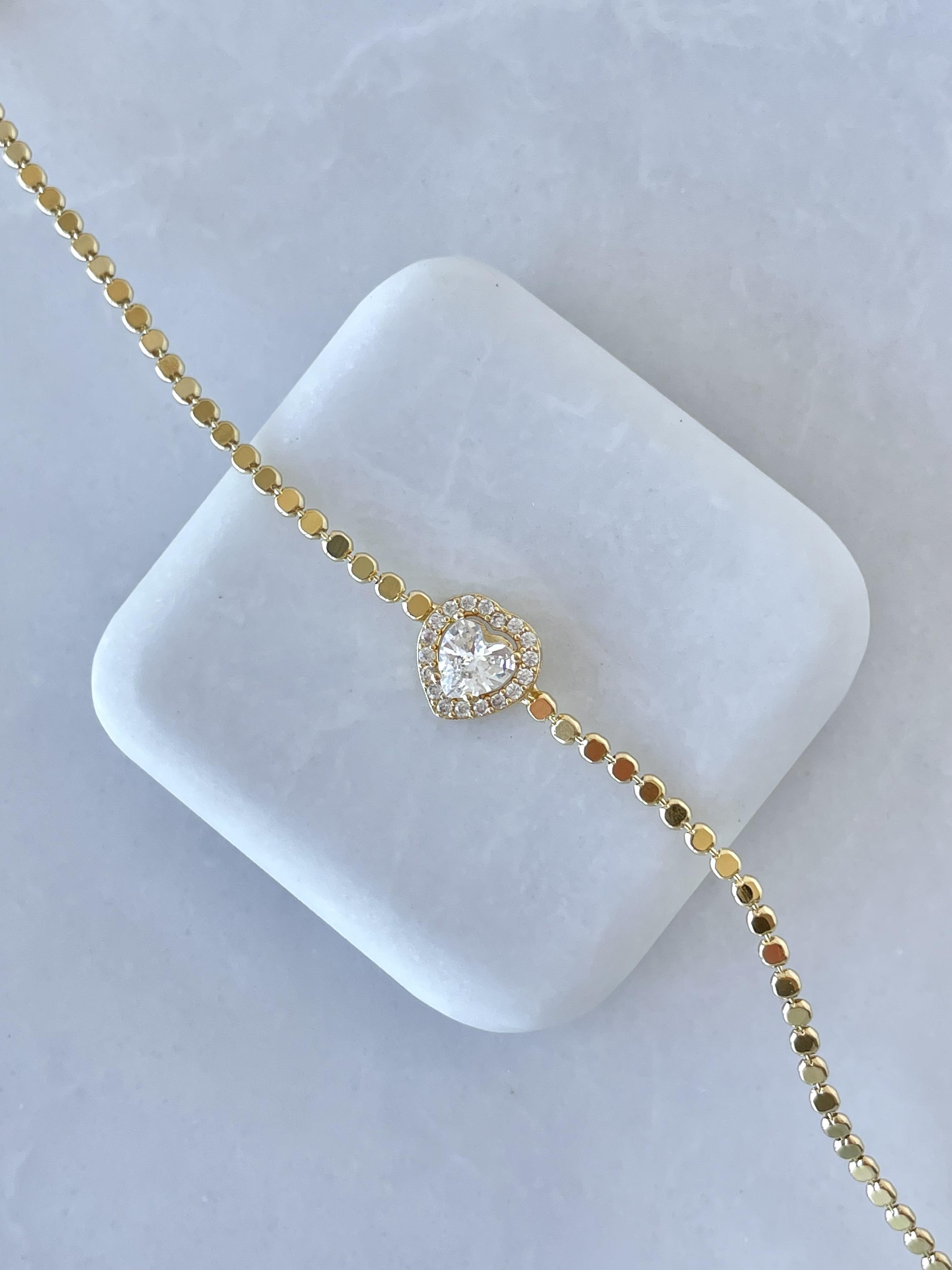 Çelik Kristal Kalpli Arpa Zincir Bileklik Gold