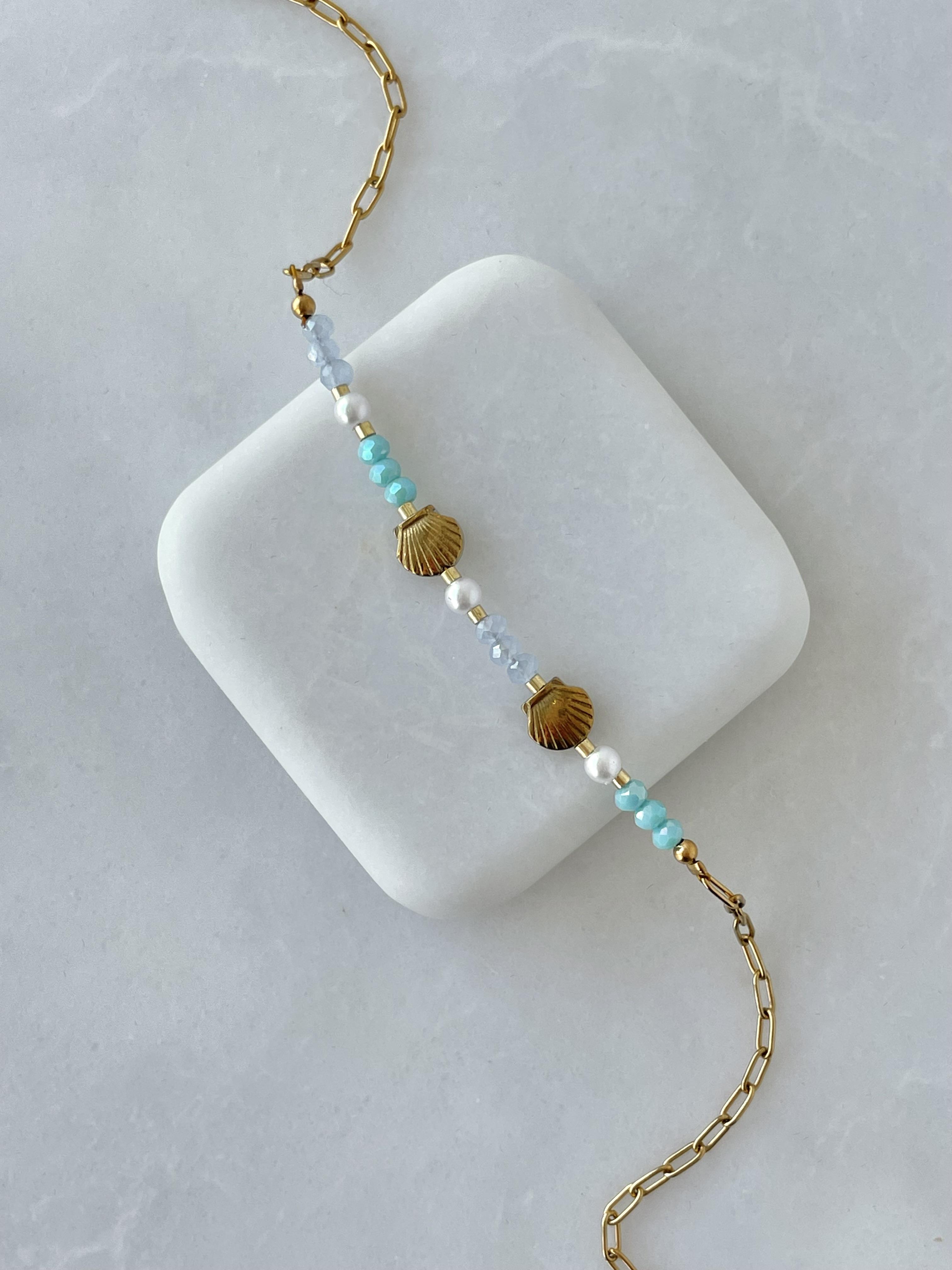 Çelik İstiridyeli Renkli Boncuk Halhal Gold