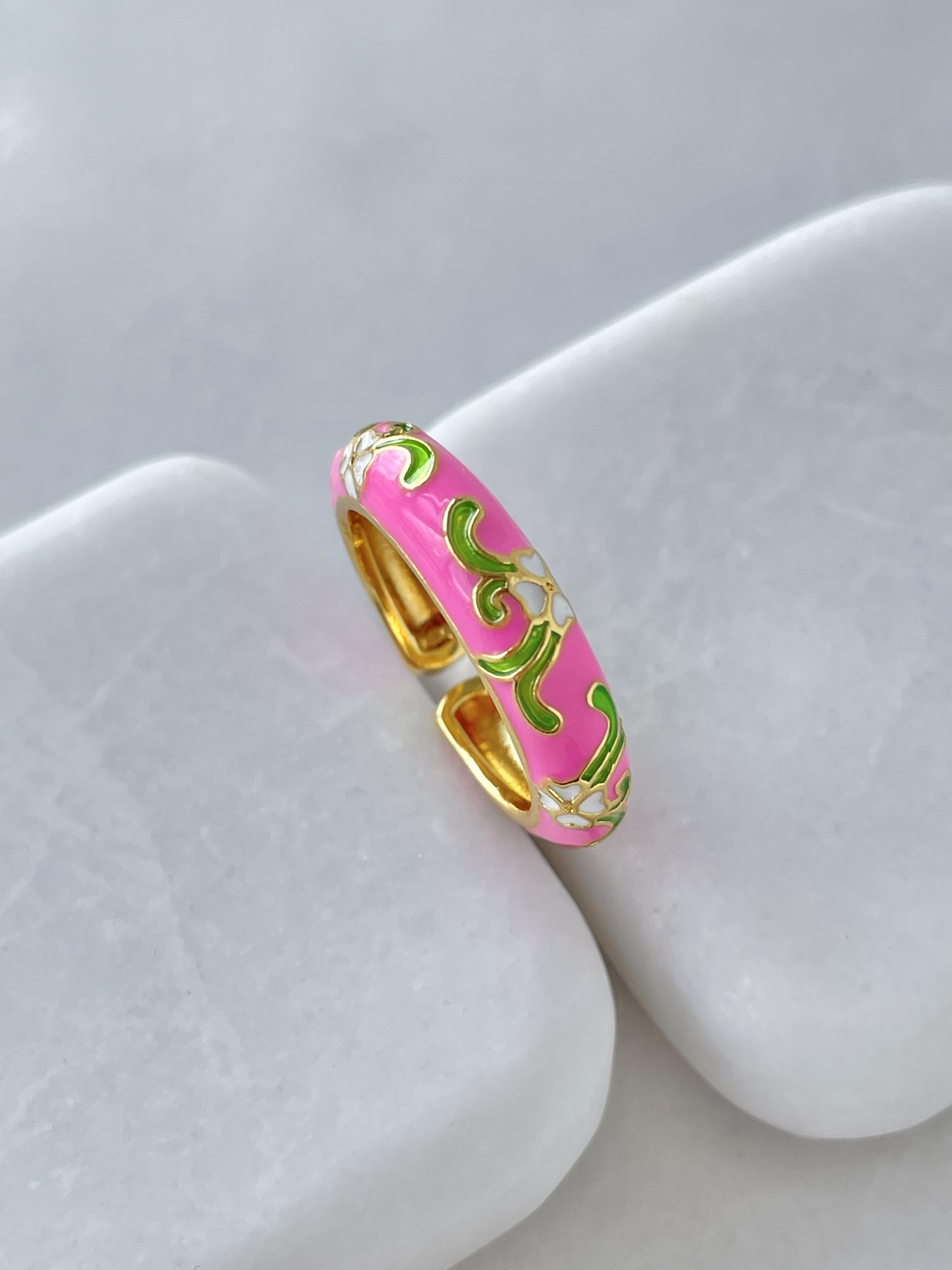 Altın Kaplama Renkli Mineli Çiçek Model Yüzük Pembe