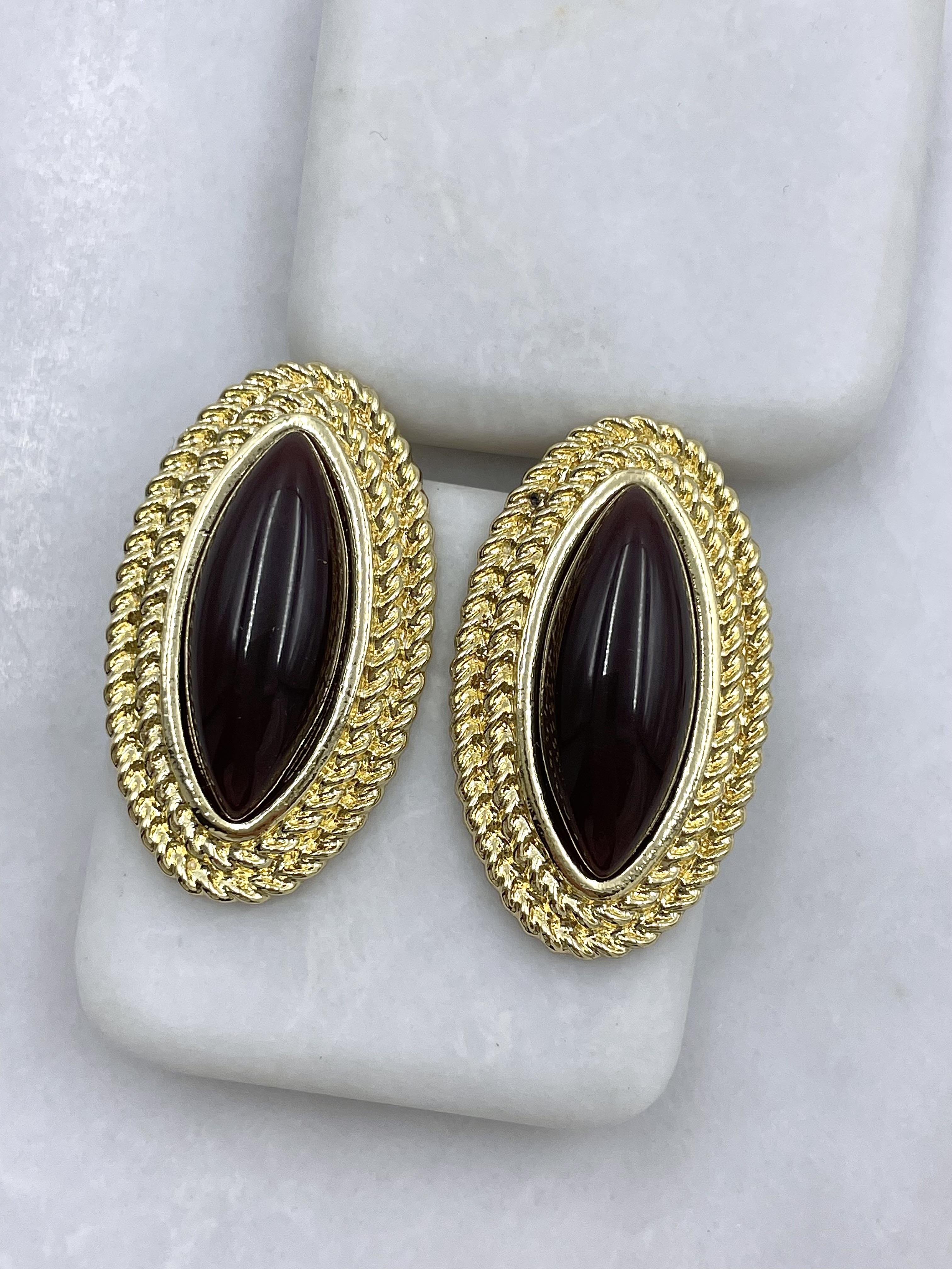 Altın Kaplama Çift Sıra Gold Burgu Detaylı Vintage Küpe Kahve