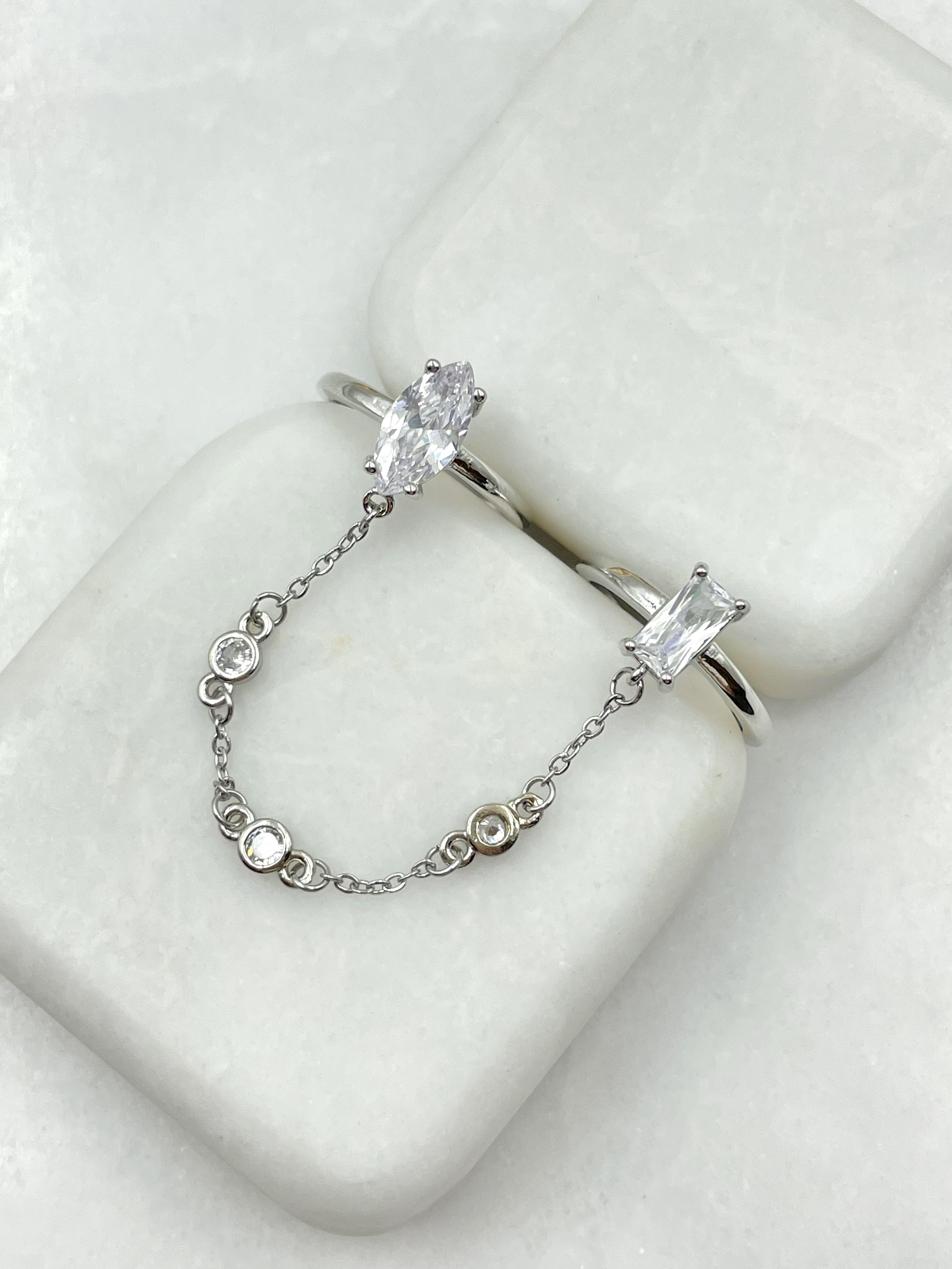 Altın Kaplama Kristal Taşlı Zincir Sallantılı Yüzük Gümüş