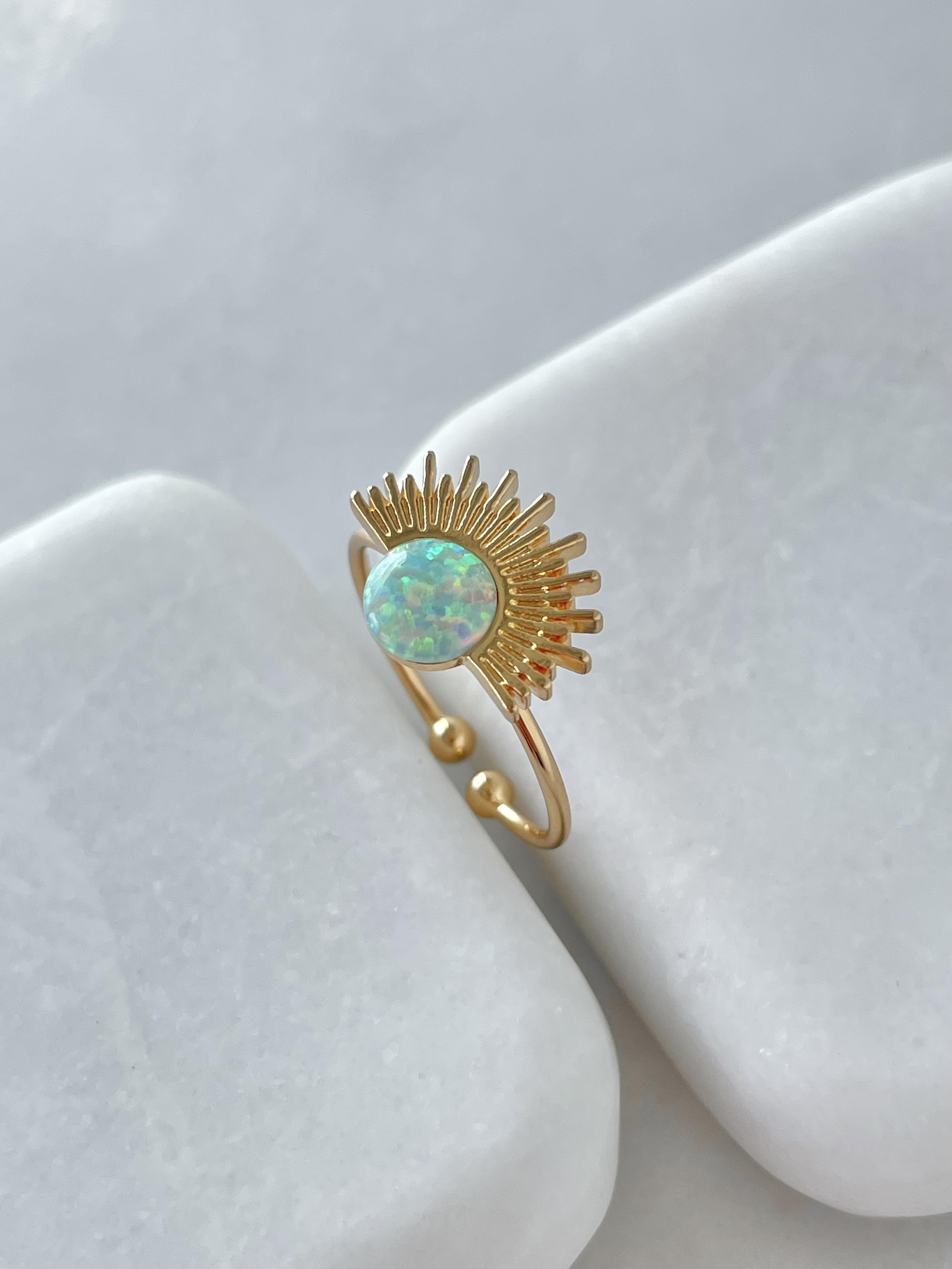 Altın Kaplama Opal Taşlı Güneş Model Yüzük Turkuaz Renk
