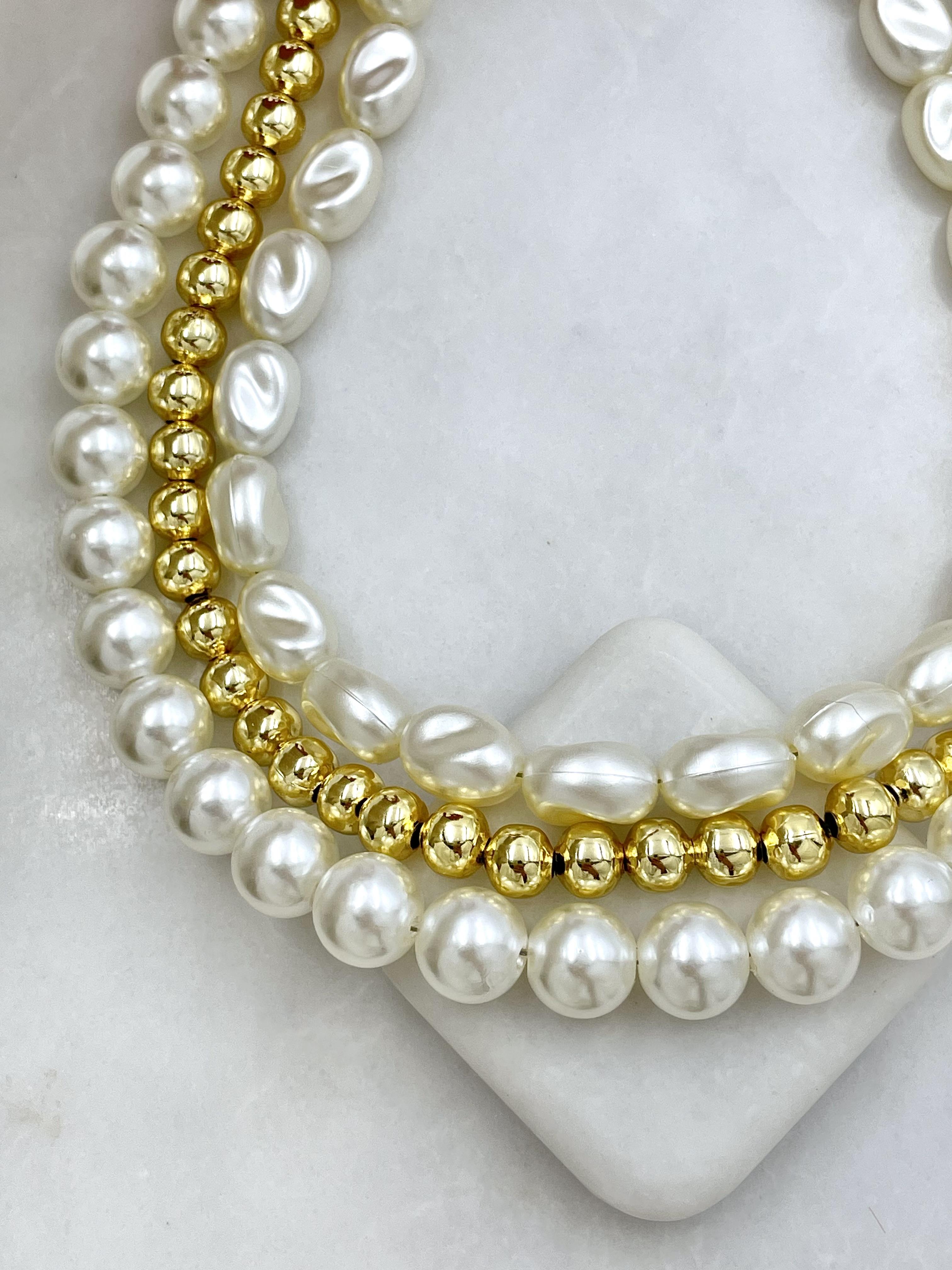 Gold Detaylı Üç Sıra İnci Kolye Gold