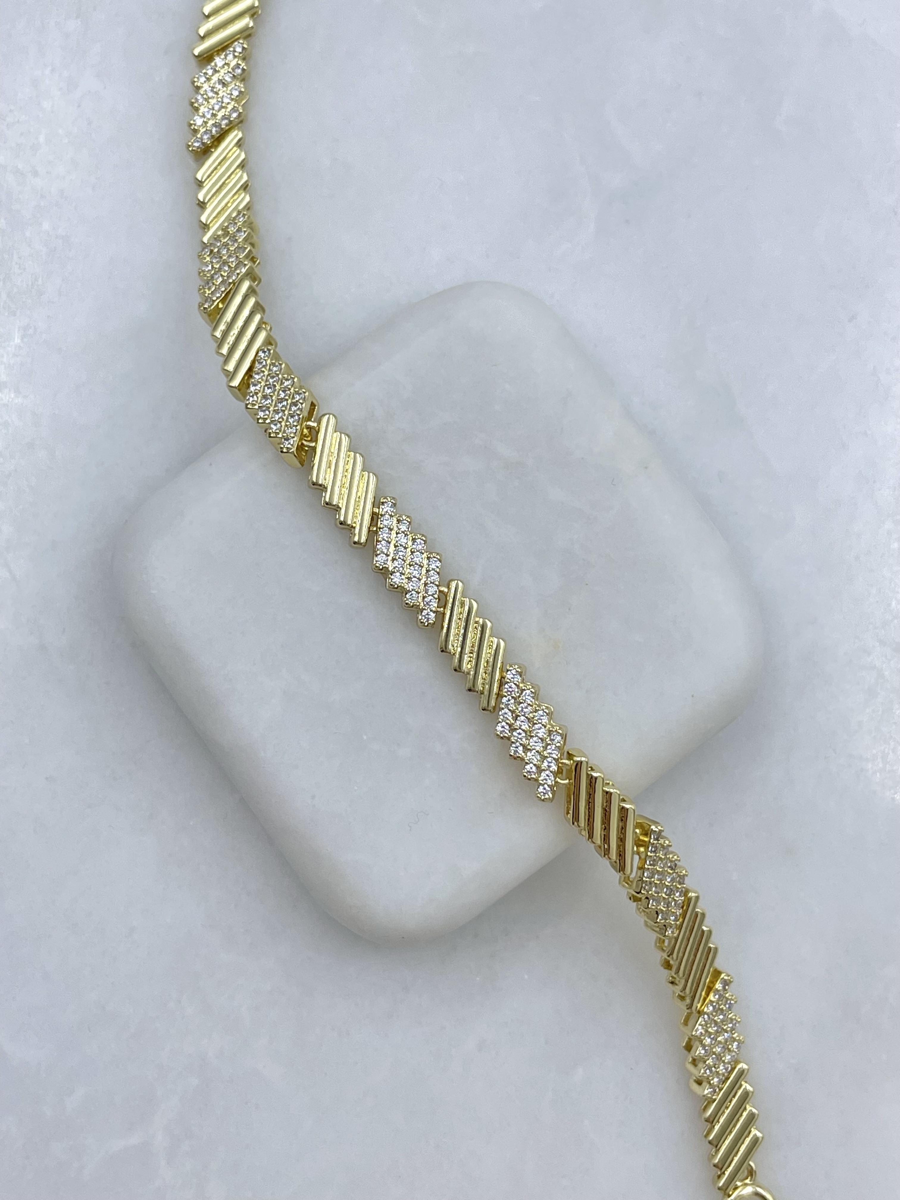 Altın Kaplama Gömme Taşlı Zikzak Sütun Bileklik Gold