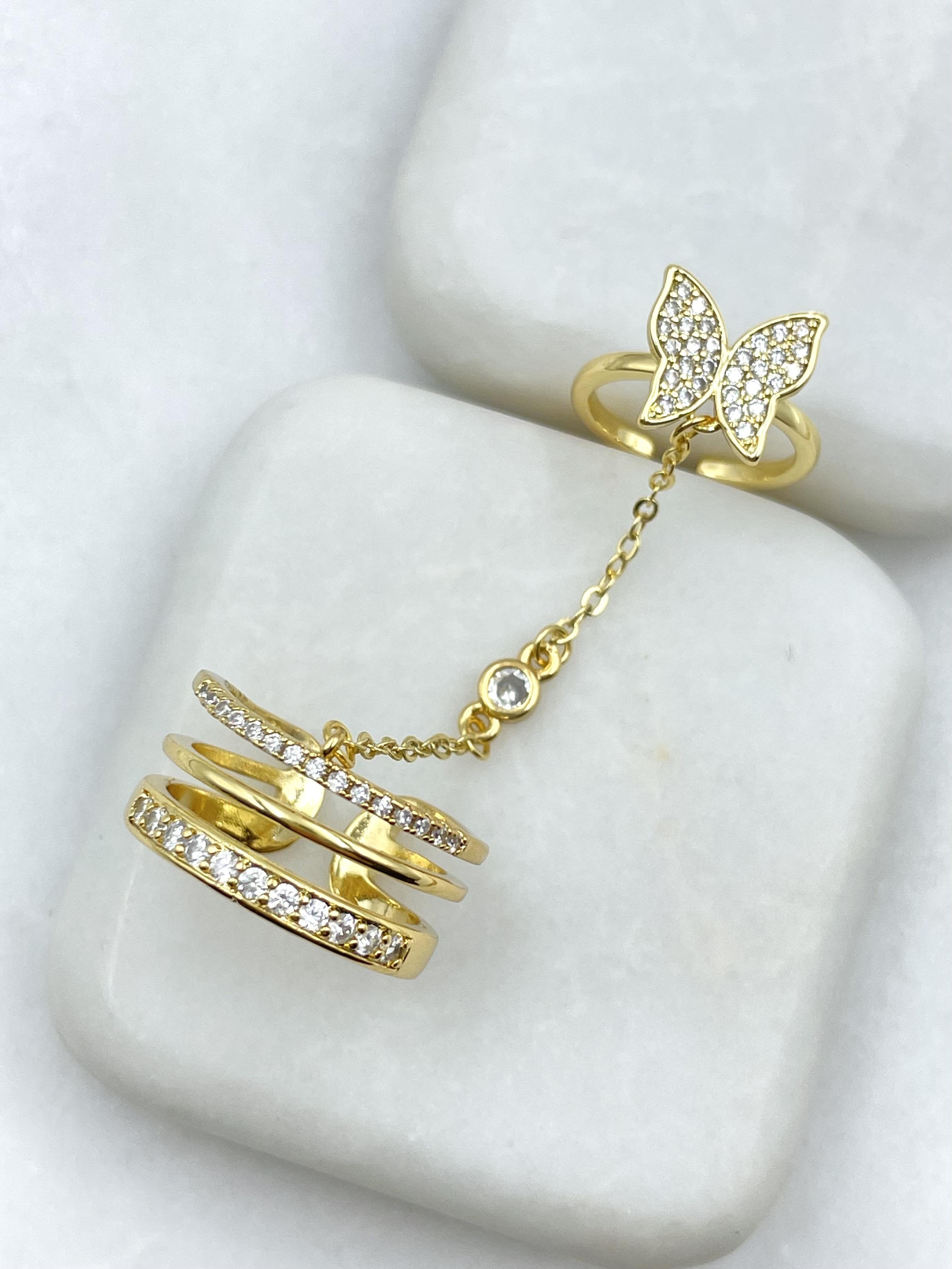 Altın Kaplama Gömme Taşlı Kelebek Model Eklemli Yüzük Gold