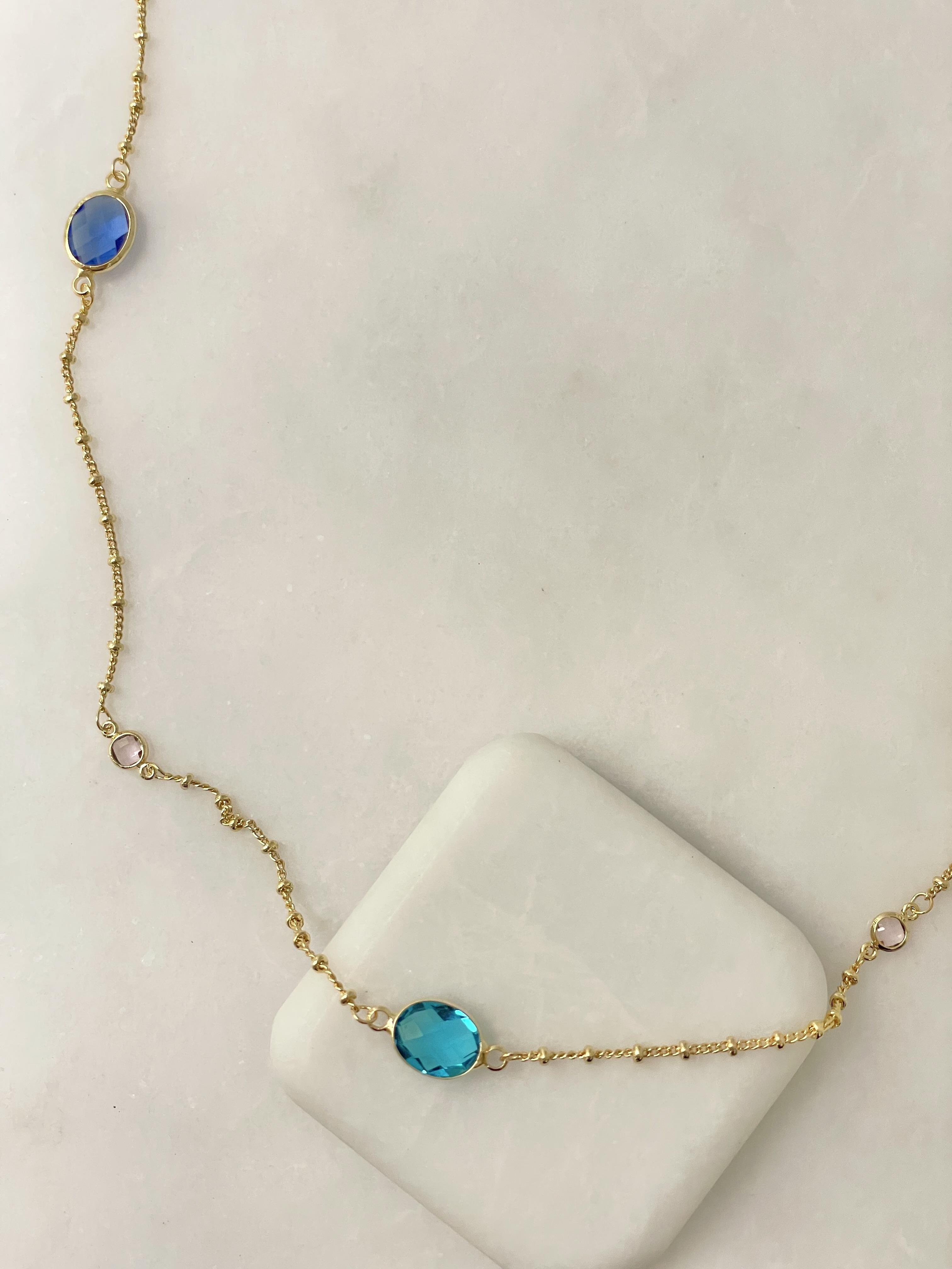 Altın Kaplama Renkli Oval Kristal Taşlı Topçuk Zincir Kolye Gold