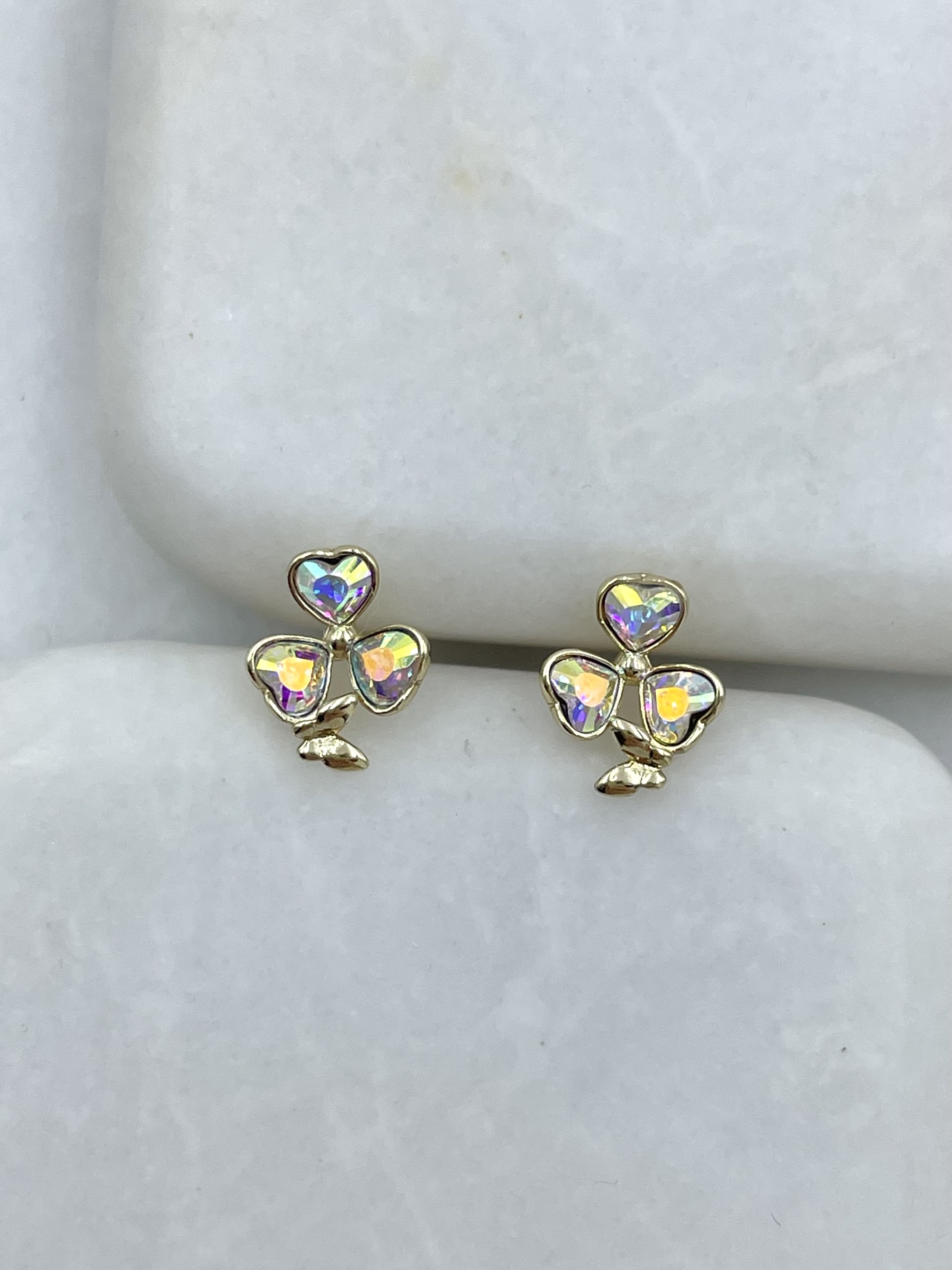 Özel Seri Swarovski Taşlı Minik Üçlü Kalp Küpe Gold