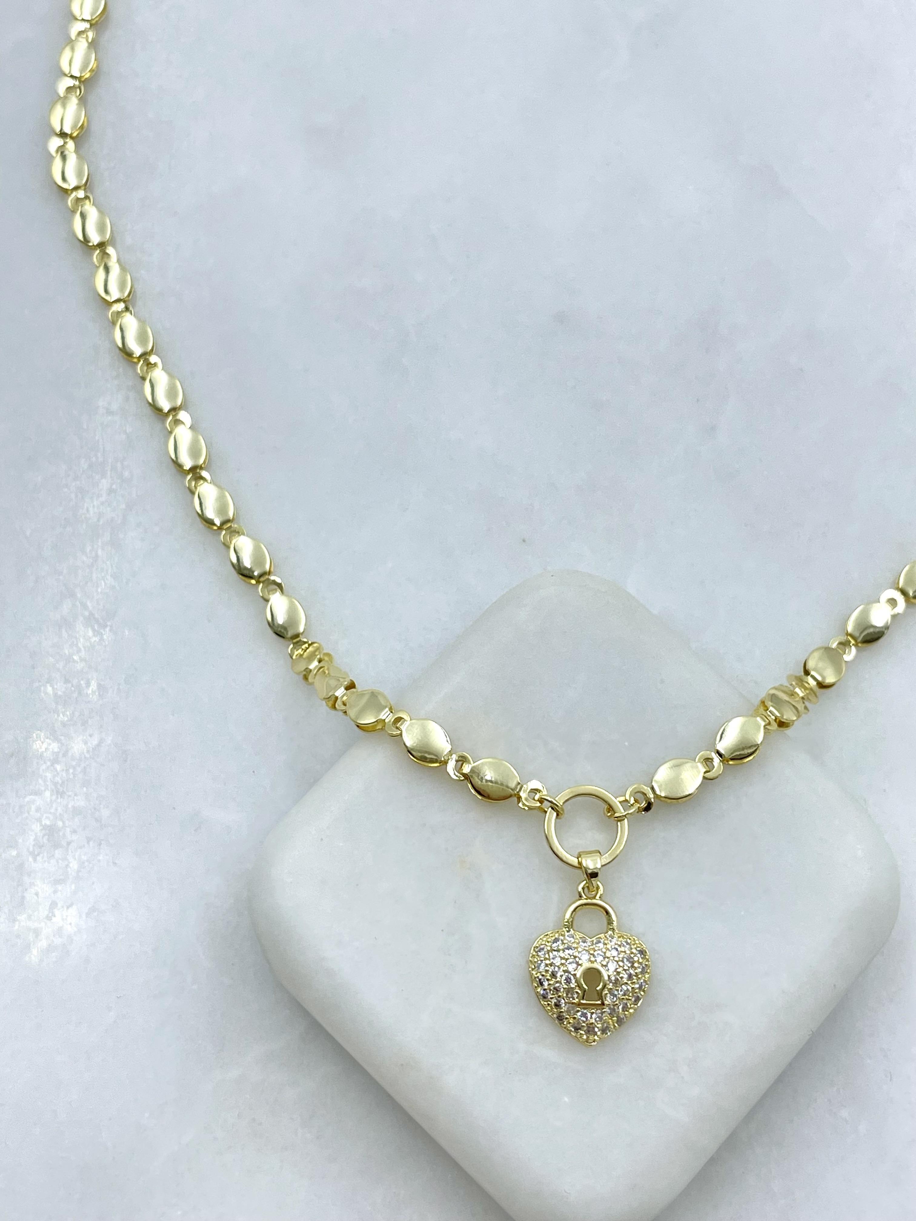 Altın Kaplama Gömme Taşlı Kilit Kalp Sallantılı Ezme Arpa Kolye Gold