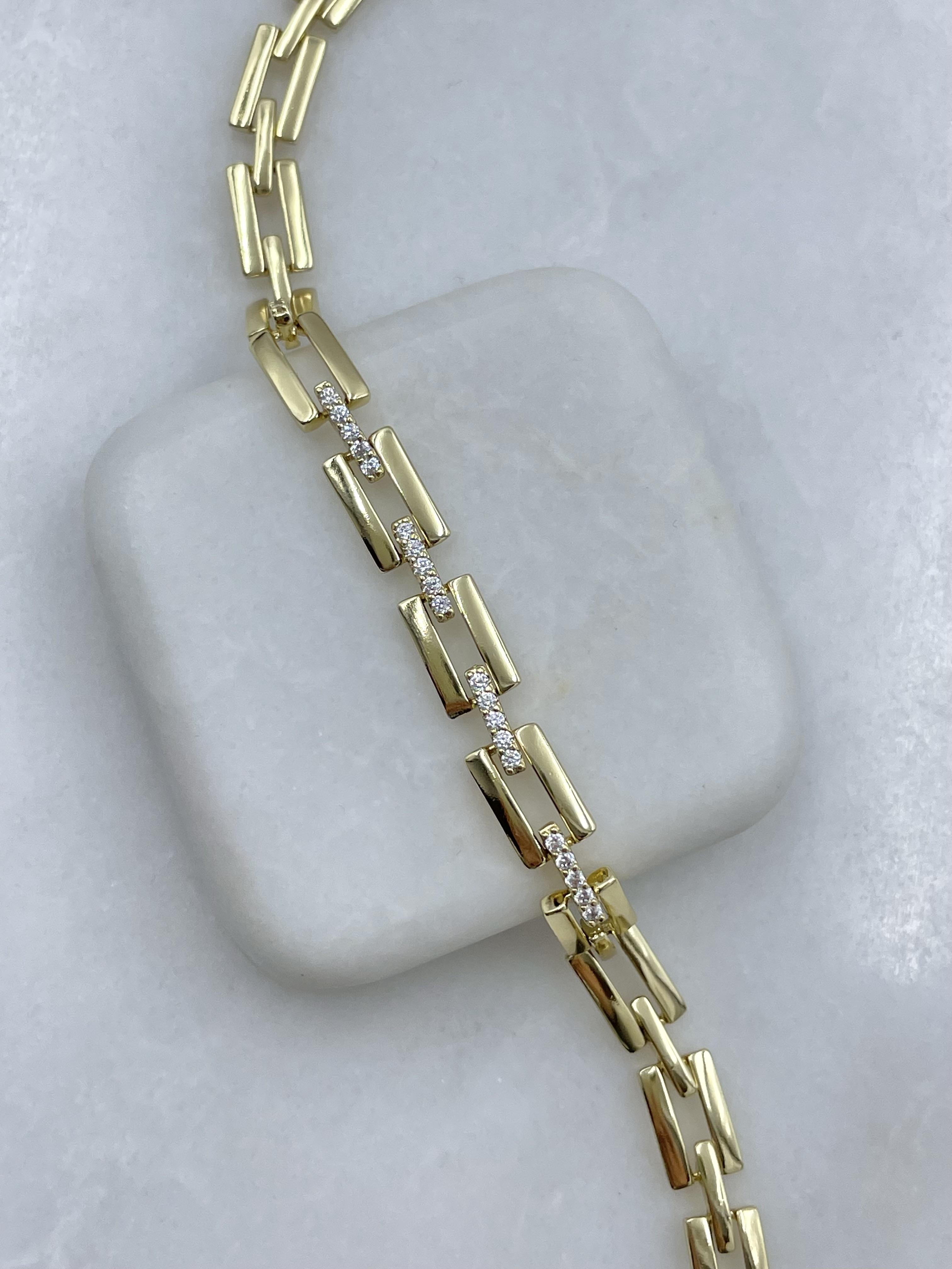 Özel Seri Gömme Taşlı İçi Boş Dikdörtgen Zincir Bileklik Gold