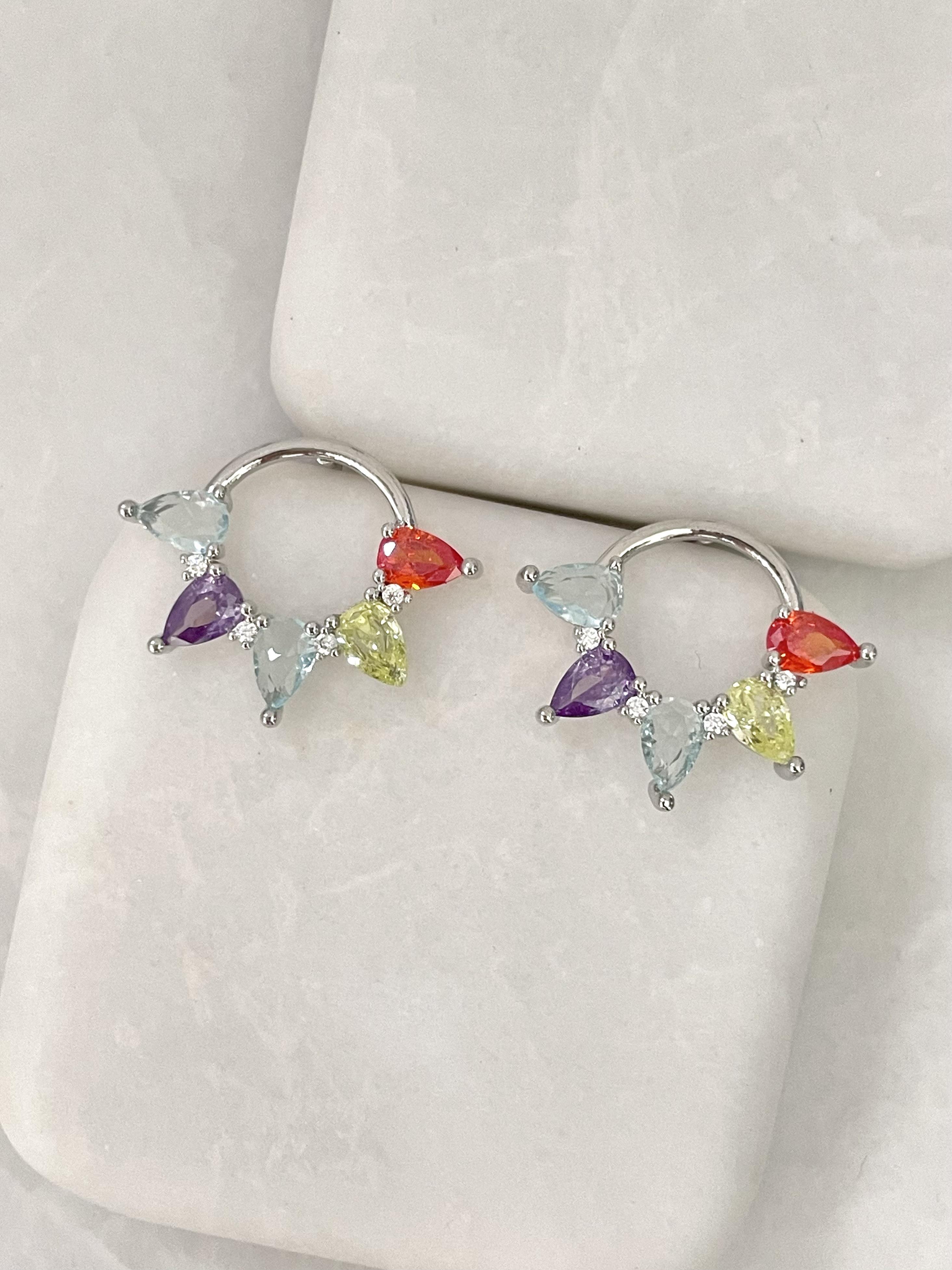 Altın Kaplama Renkli Damla Kristal Taşlı Daire Küpe Gümüş