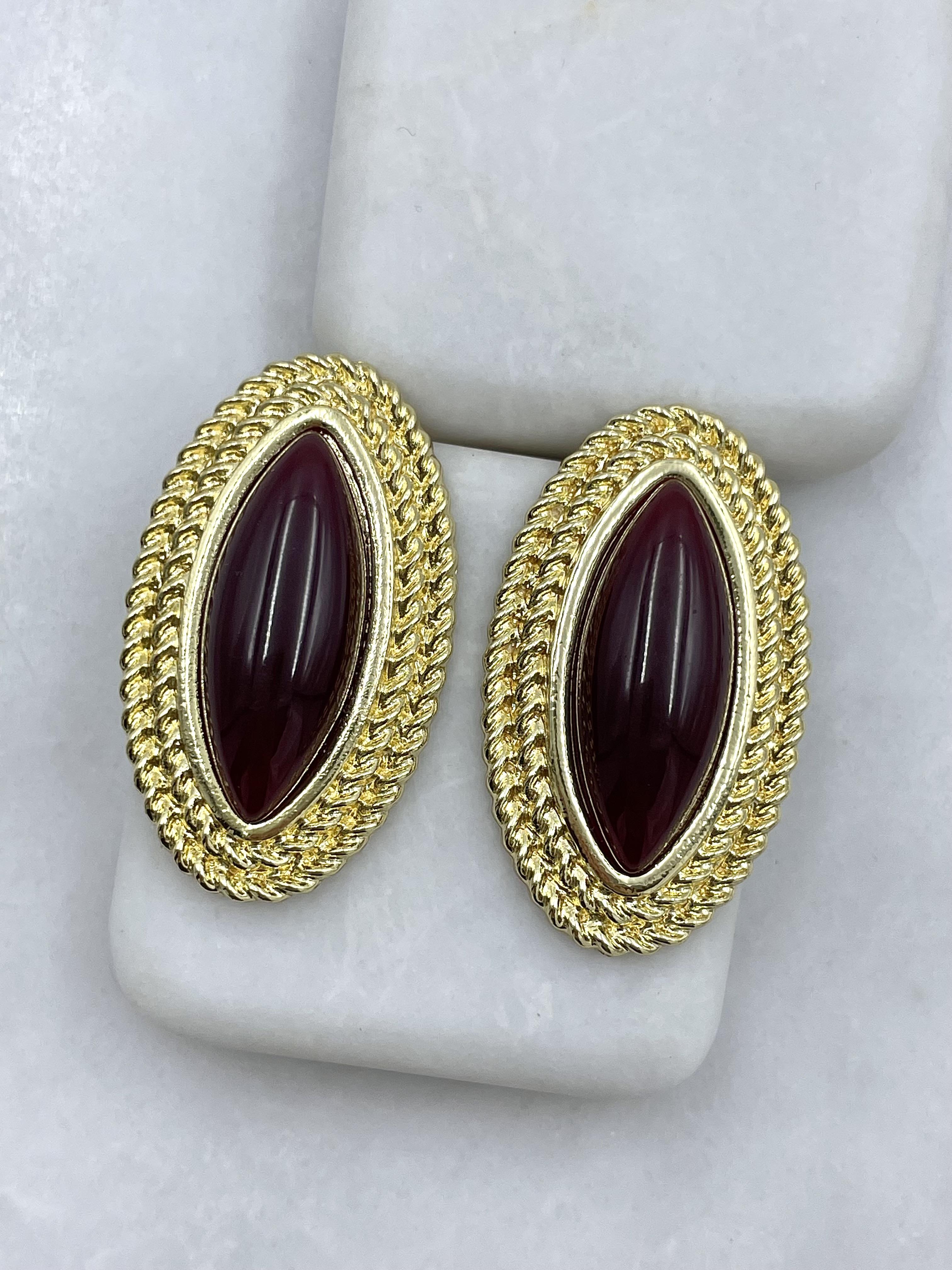 Altın Kaplama Çift Sıra Gold Burgu Detaylı Vintage Küpe Bordo