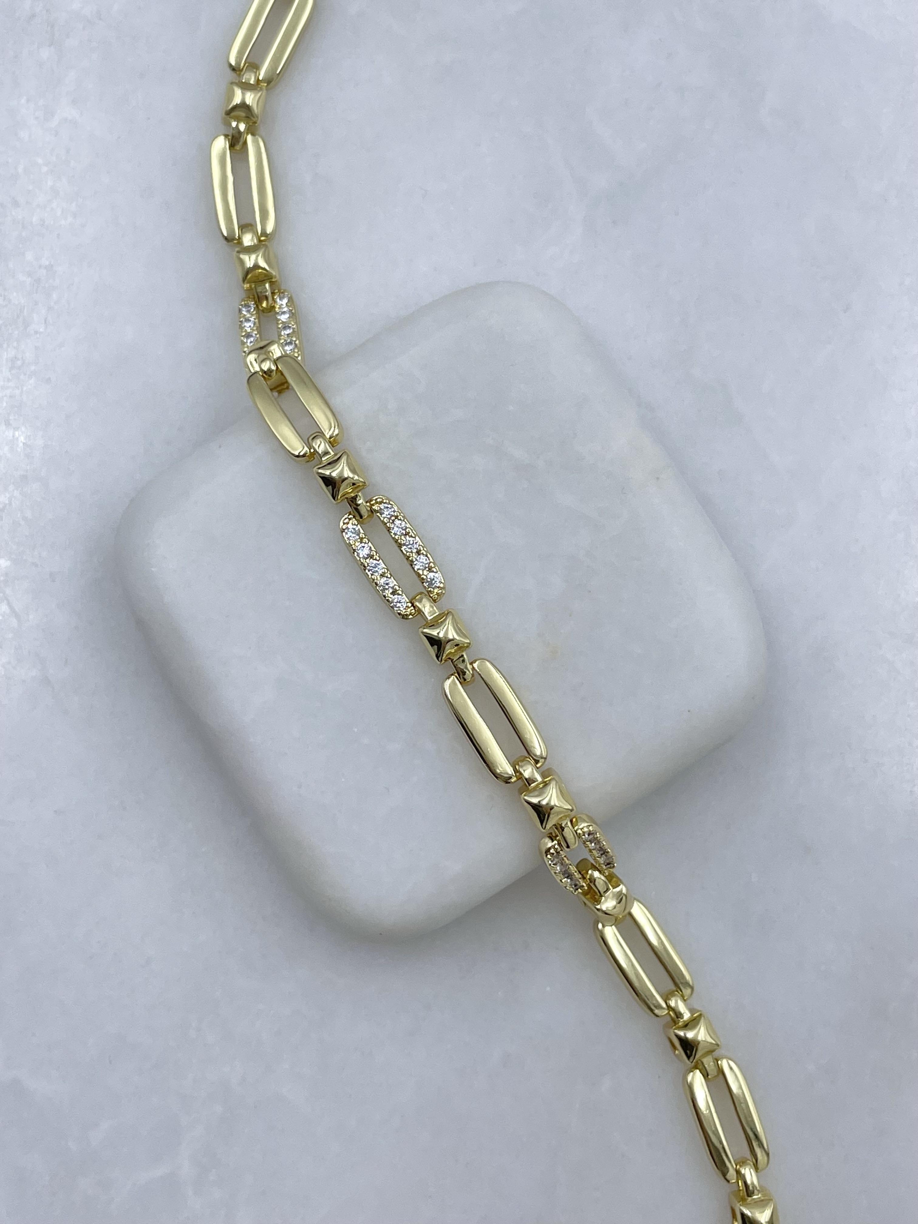 Altın Kaplama Gömme Taşlı Küp ve Ataç Zincir Bileklik Gold