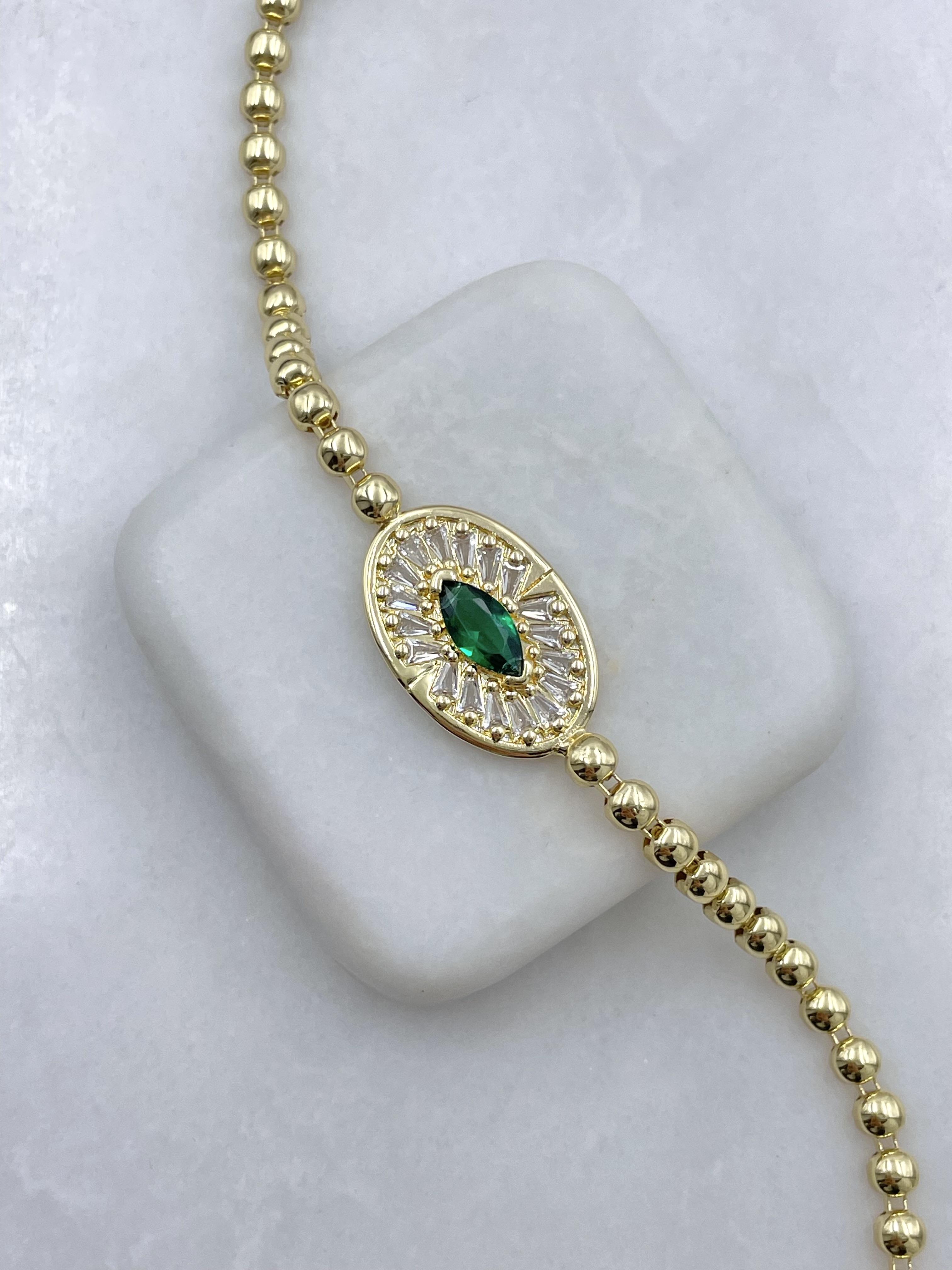 Altın Kaplama Yeşil Kristal Taşlı Daire Model Bileklik Gold