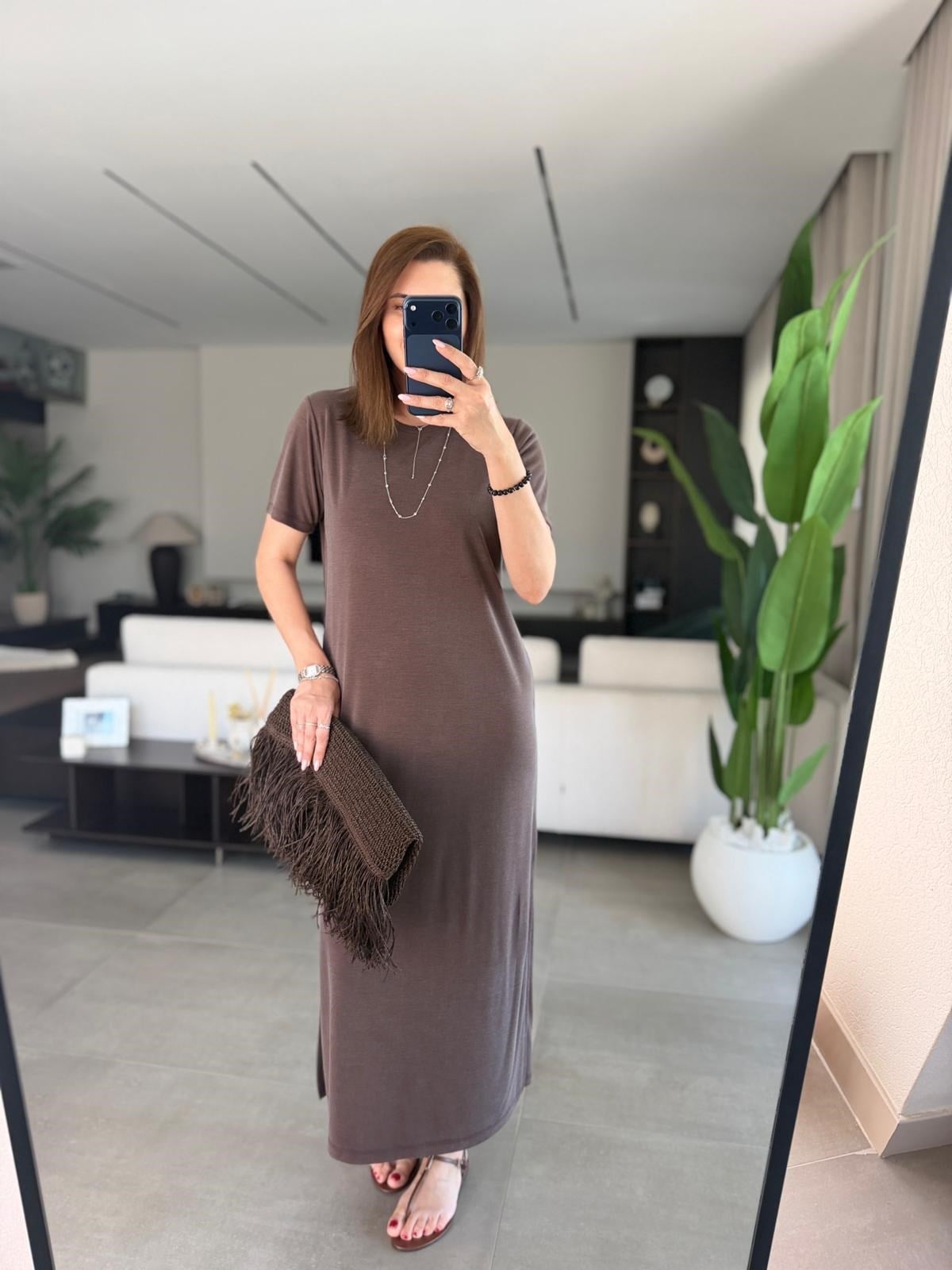 Acı Kahve Bisiklet Yaka Yırtmaçlı Pike Elbise