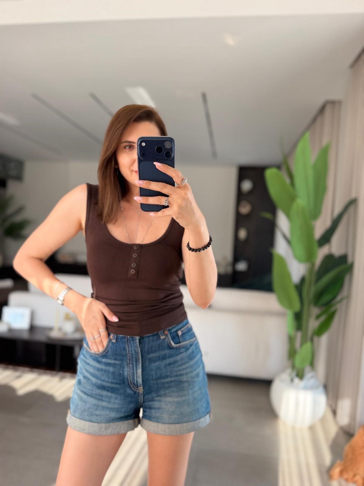 Acı Kahve  Düğmeli Mas Askıllı Atlet