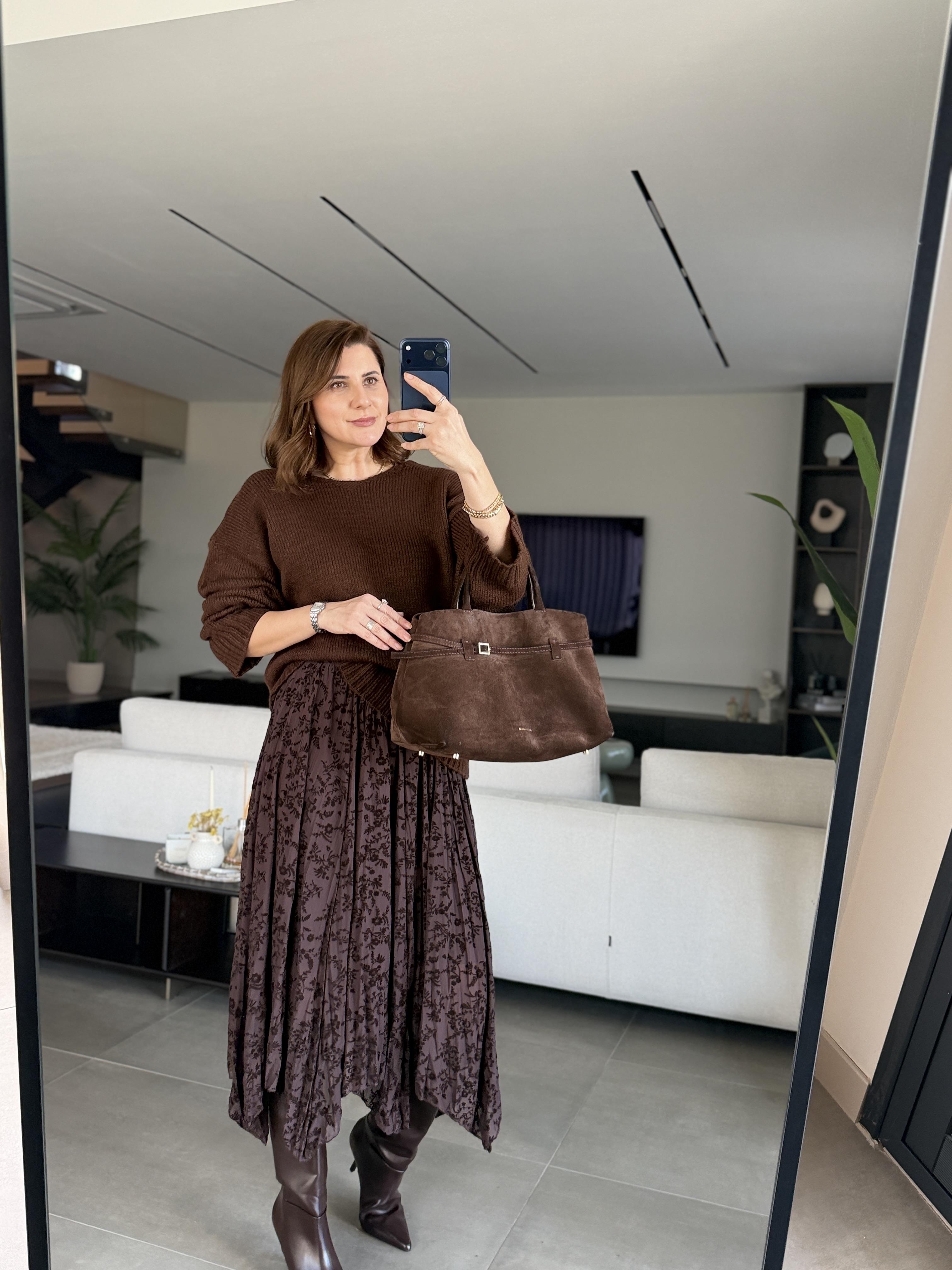 Acı Kahve Flog Baskı Asimetrik Etek