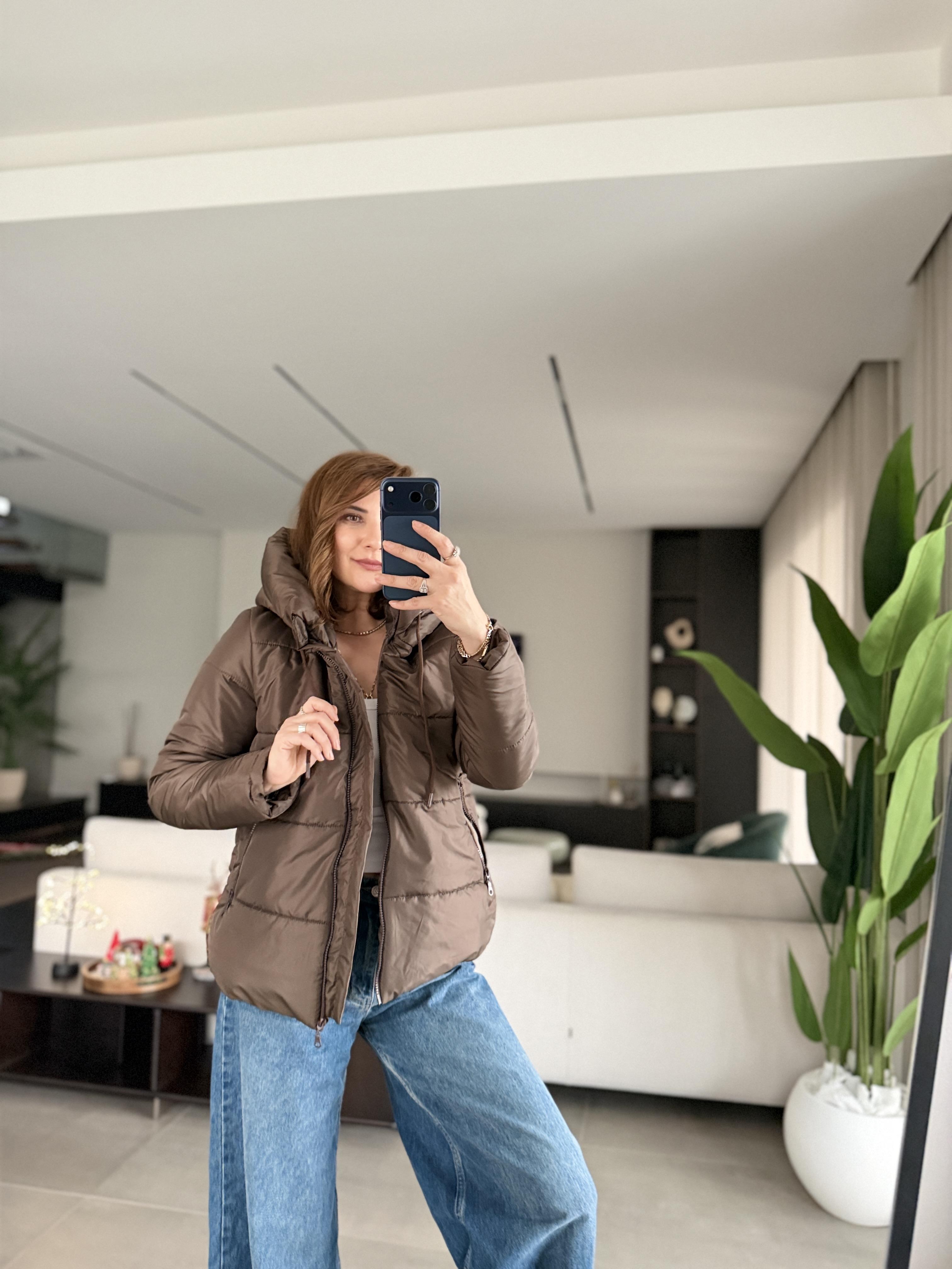 Acı Kahve Kapşonlu Şişme Mont