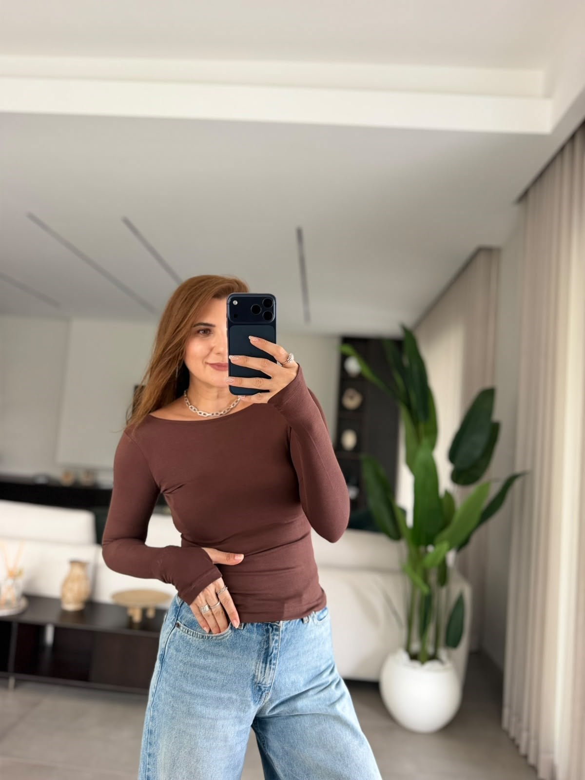 Acı Kahve  Kayık Yaka Parmak Geçmeli Bluz