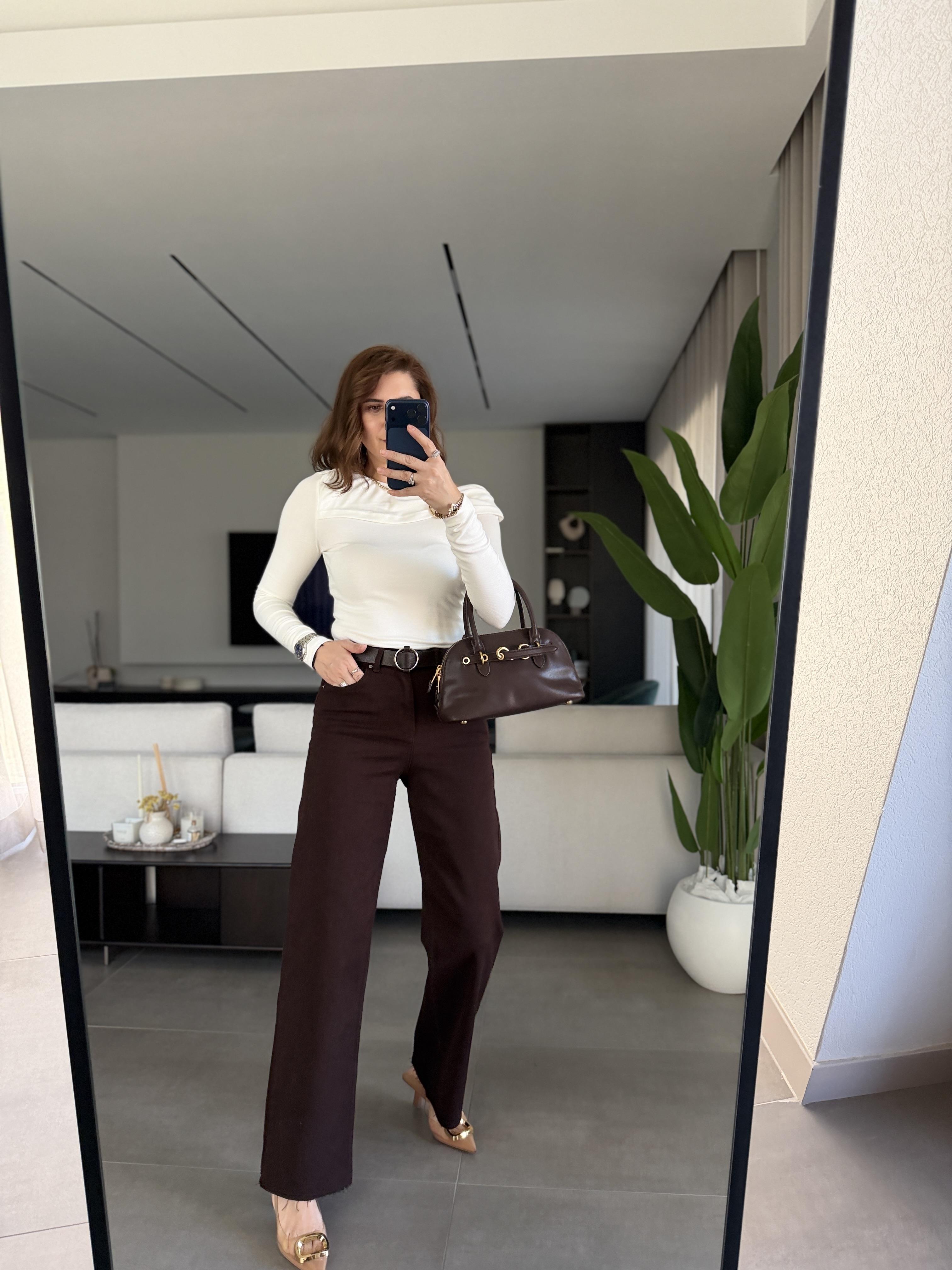 Acı Kahve Kesik Paça Kemerli Jean
