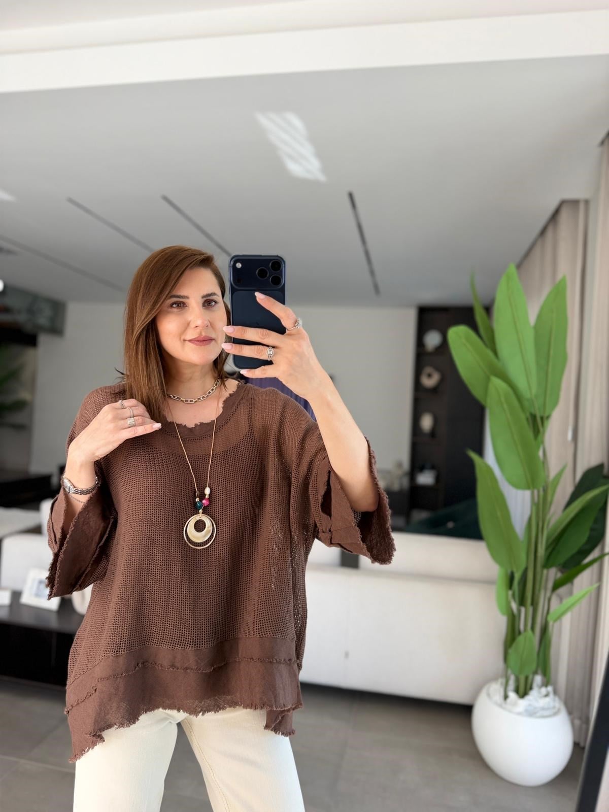 Acı Kahve Kolye Detaylı File Bluz