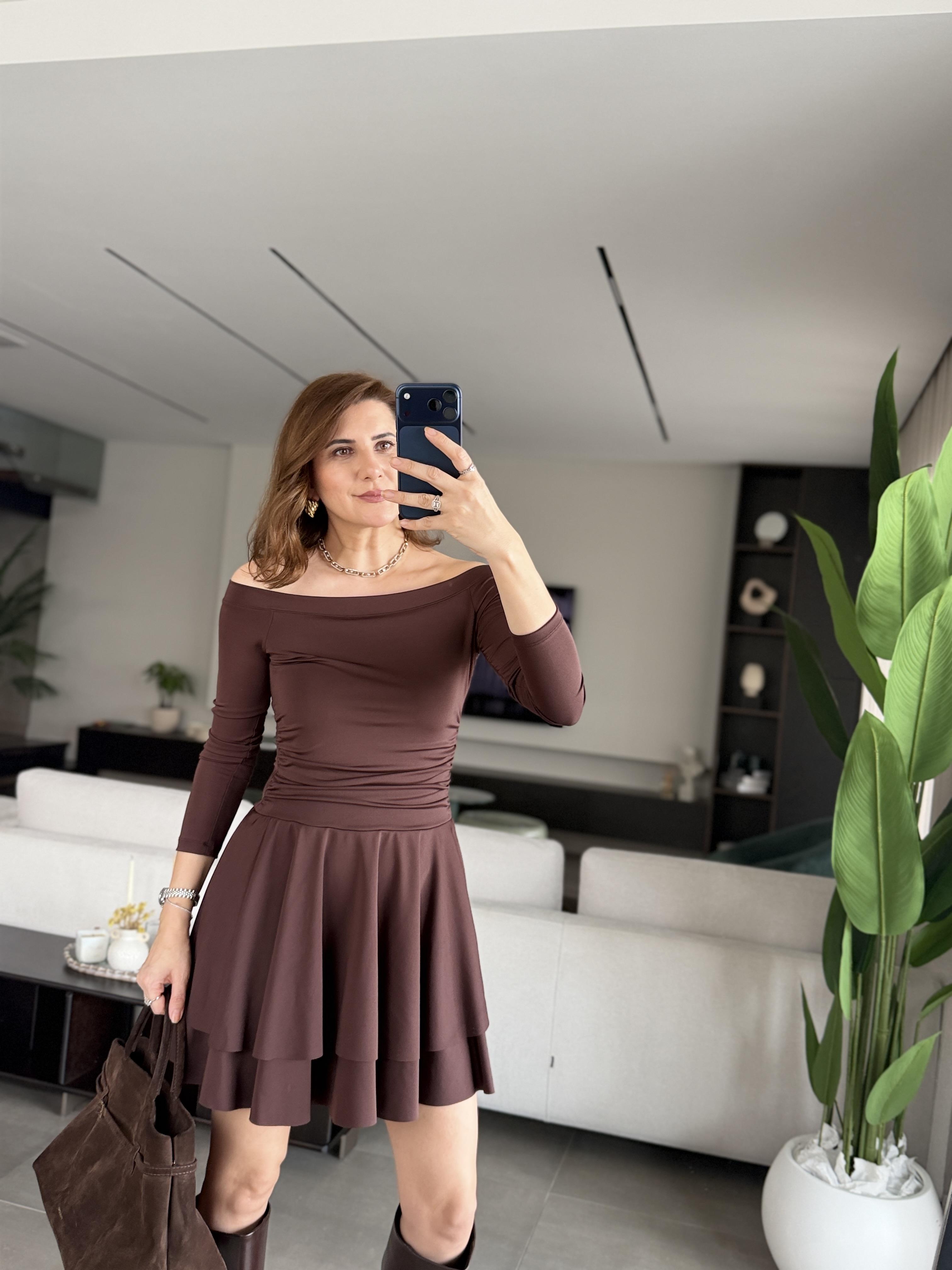 Acı Kahve Madonna Yaka Drapeli Elbise