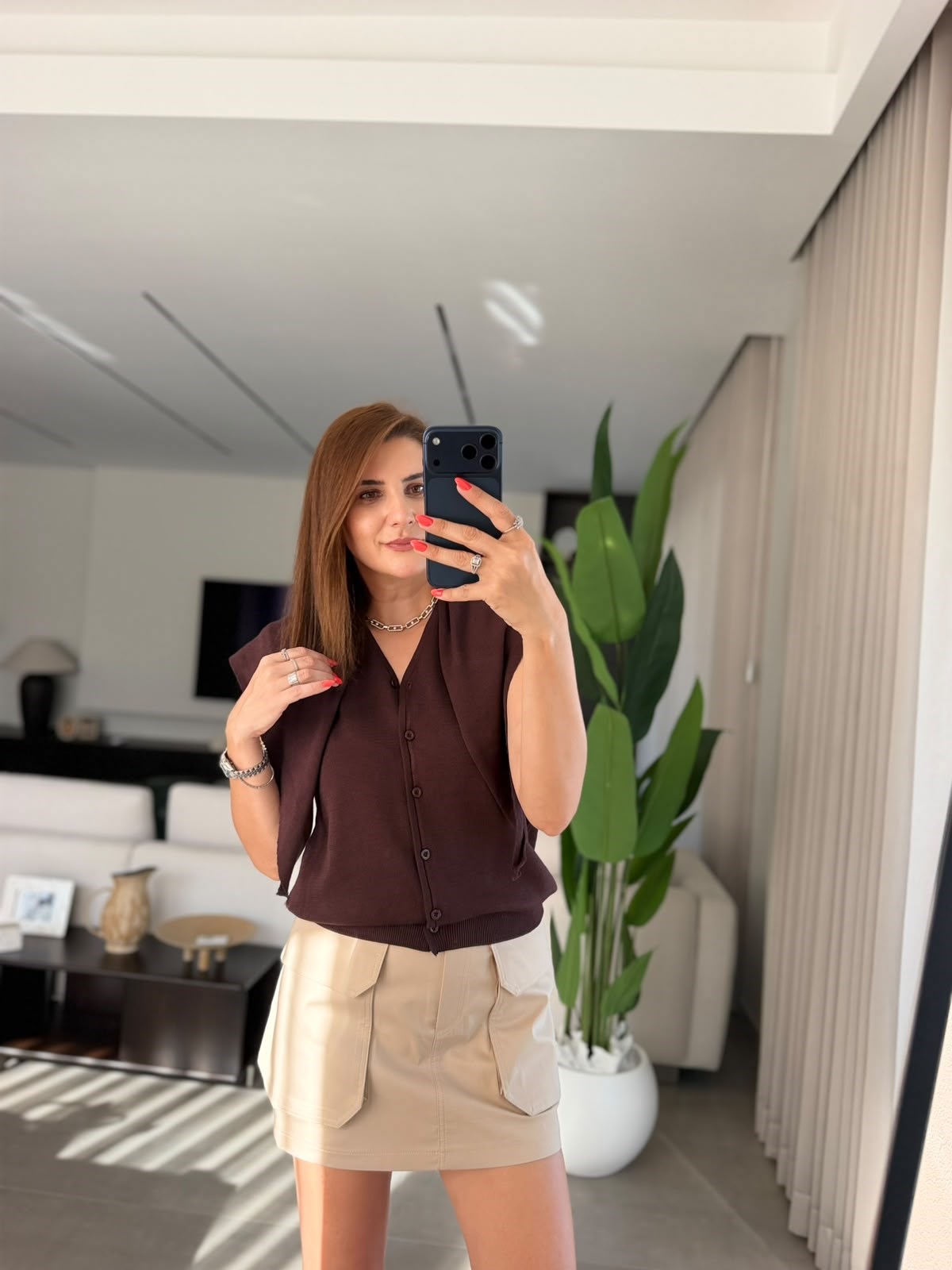 Acı Kahve Şal Detaylı Önü Düğmeli Bluz