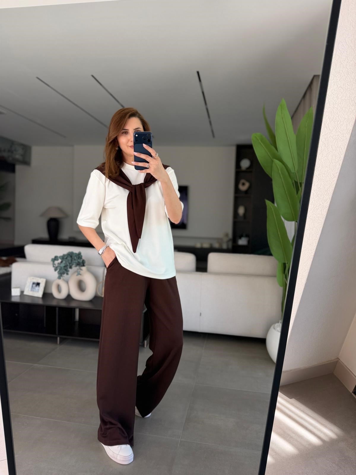 Acı Kahve  Şal Görünümlü Tshırt Pantolon Takım