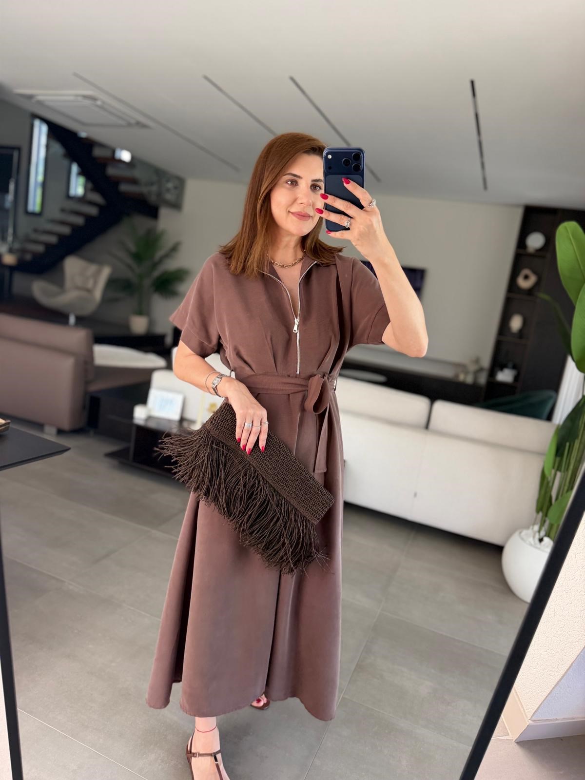 Acı Kahve Yakası Fermuar Detay Tencel Elbise