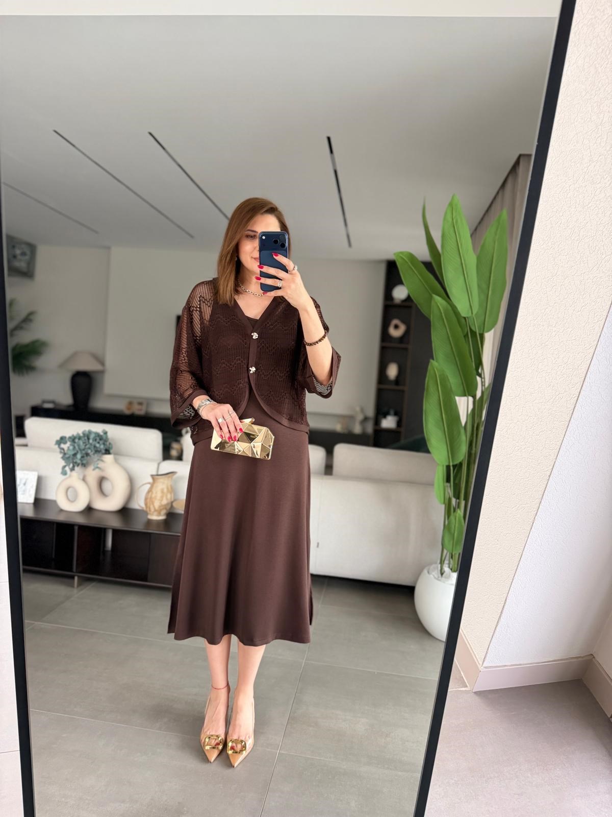 Acı Kahve Yırtmaçlı Modal Üstü Hırka Elbise