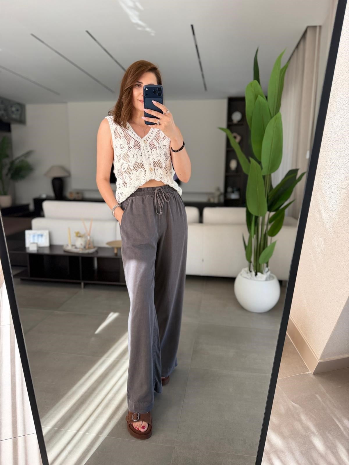 Antrasit Bel Bağcıklı Tencel Pantolon