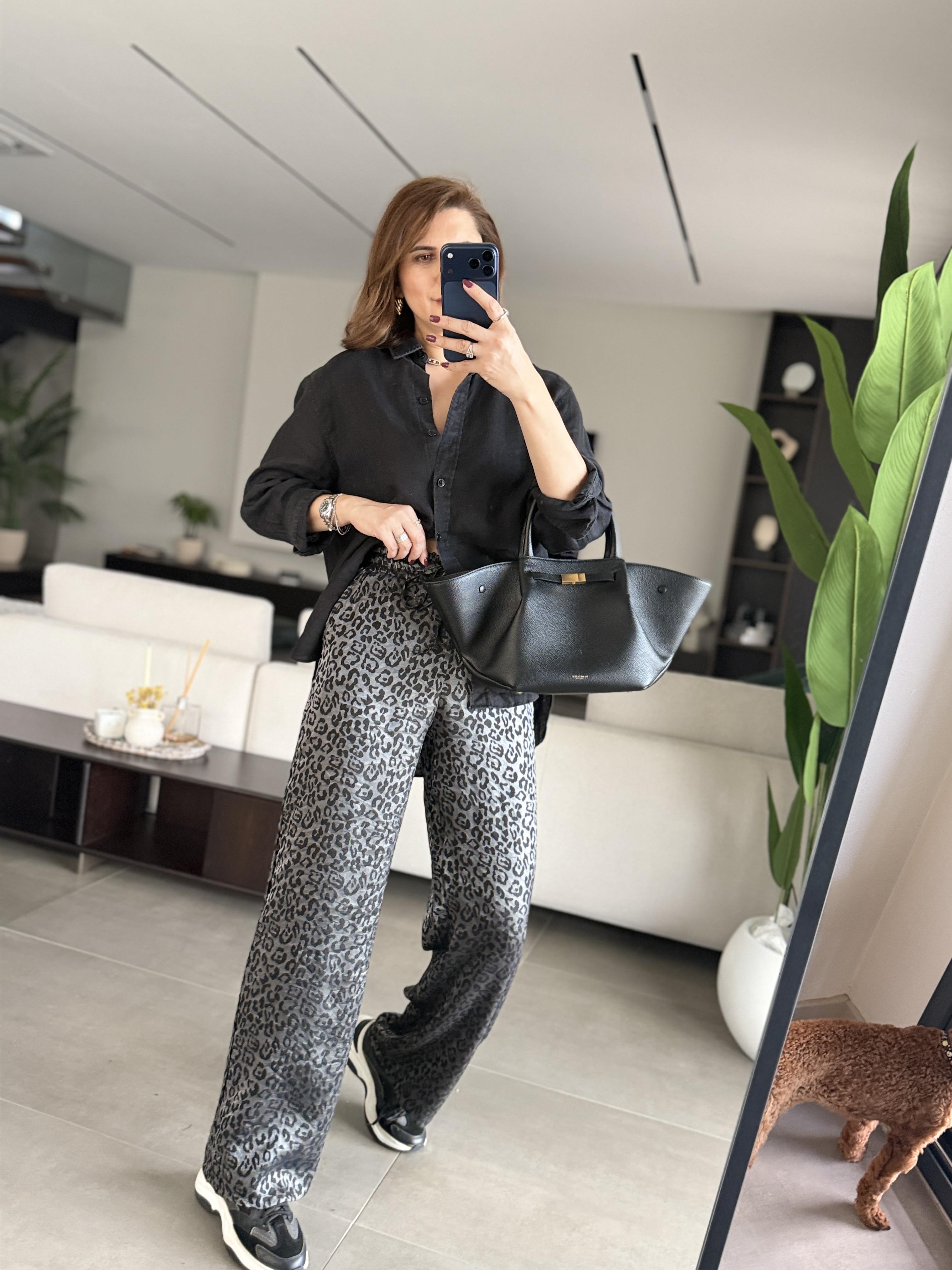 Antrasit Bel Lastikli Leopar Desen Pantolon