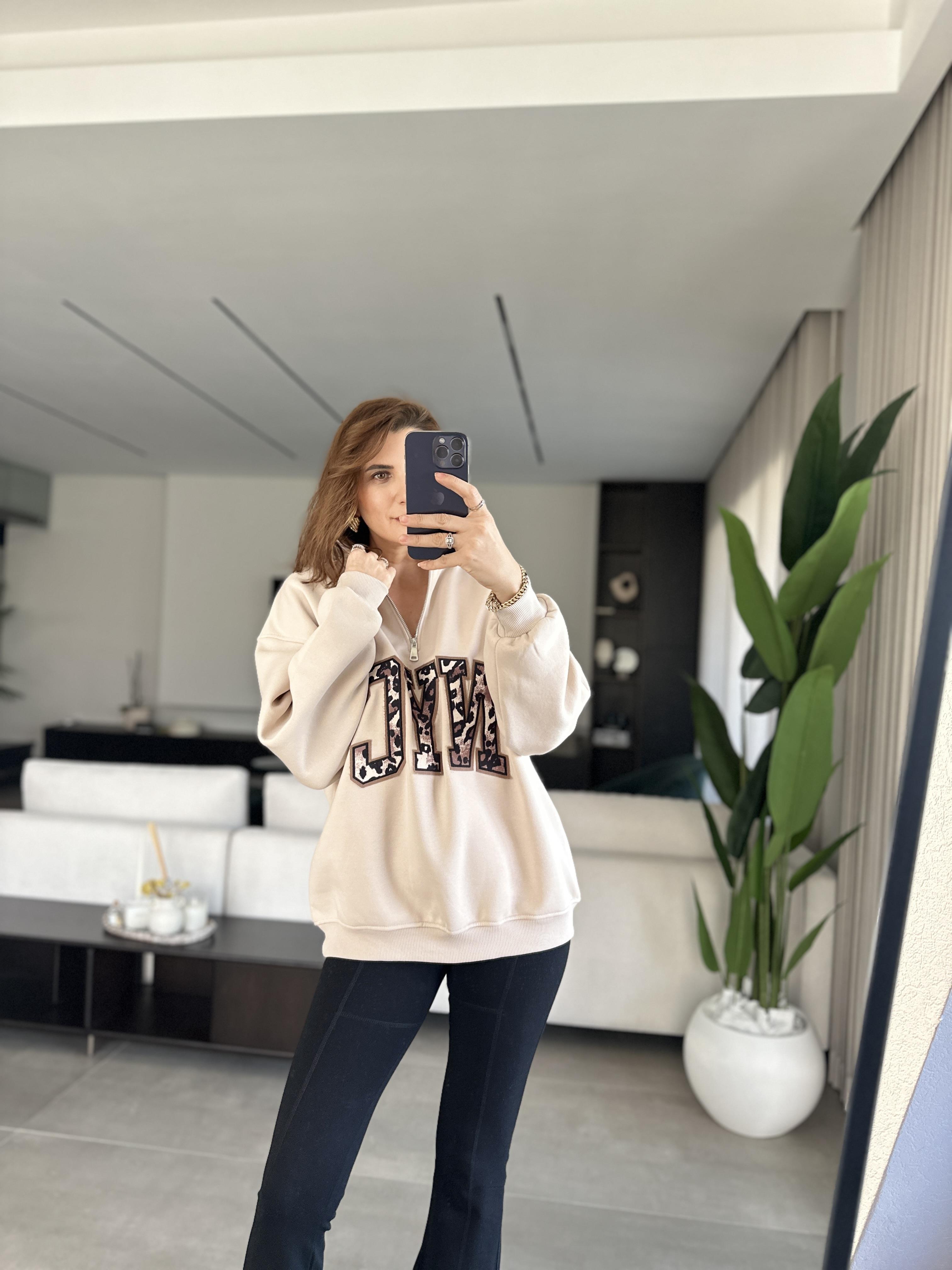 Bej NYC Baskılı Yaka Fermuarlı Sweat