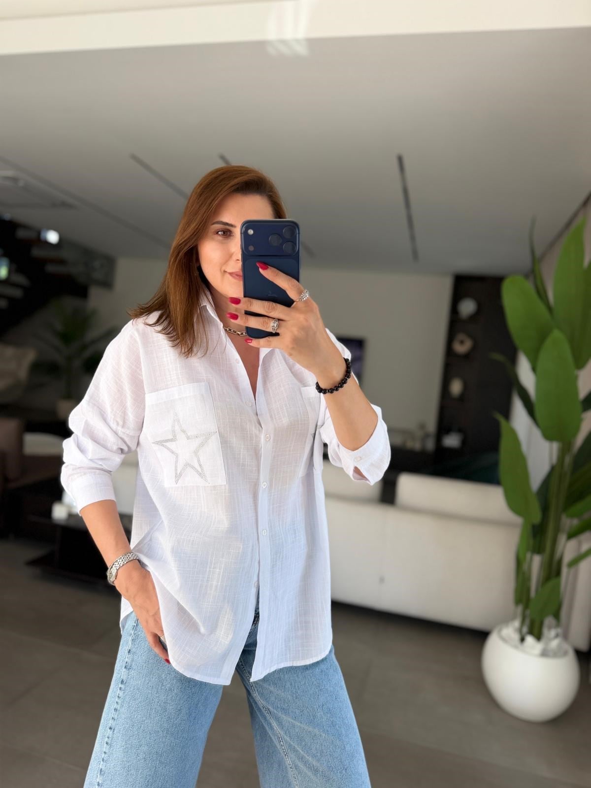 Beyaz Cep Yıldız Taşlı Oversize Gömlek
