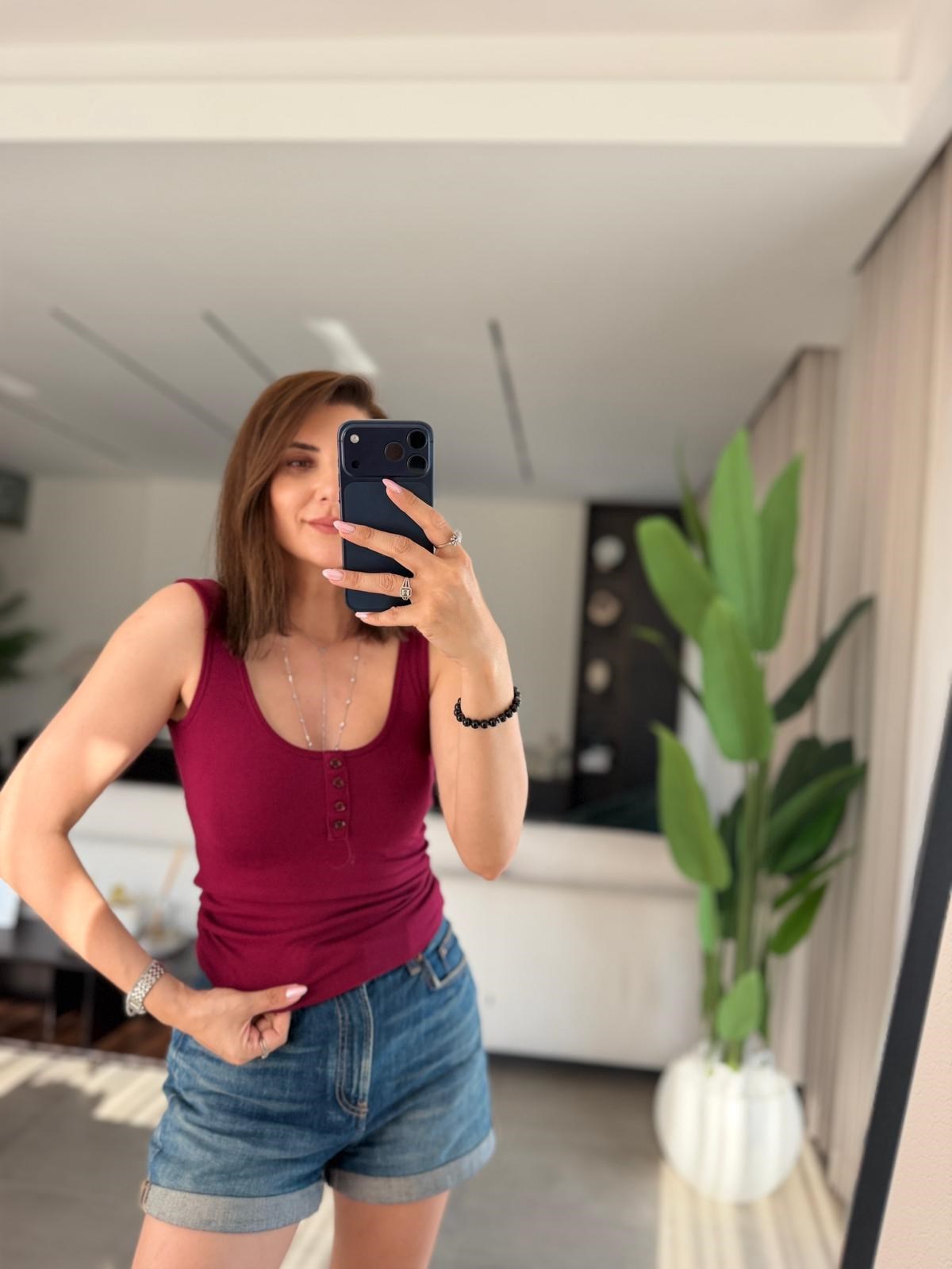 Bordo  Düğmeli Mas Askıllı Atlet