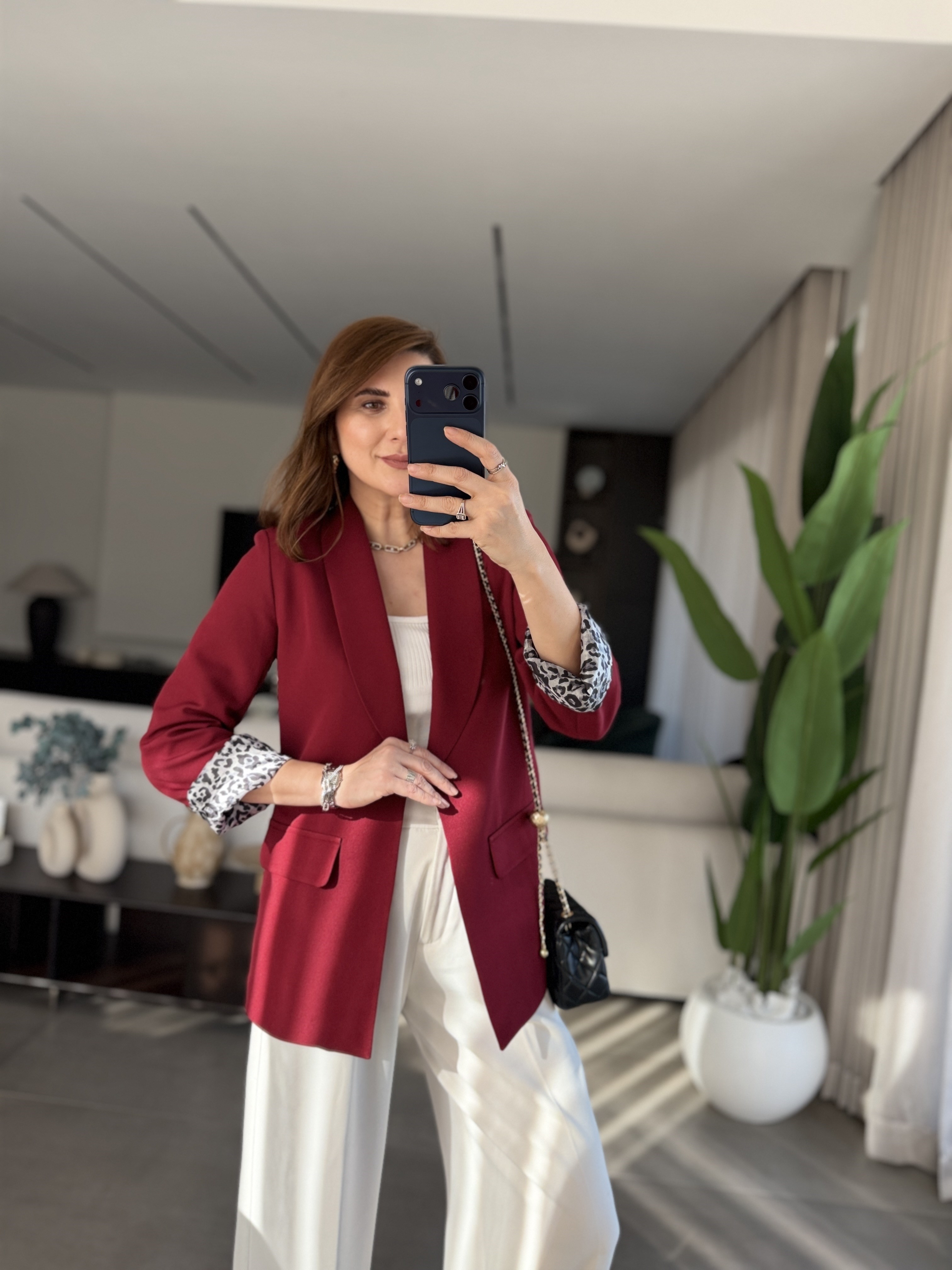 Bordo İçi Leopar Desen Blazer Ceket