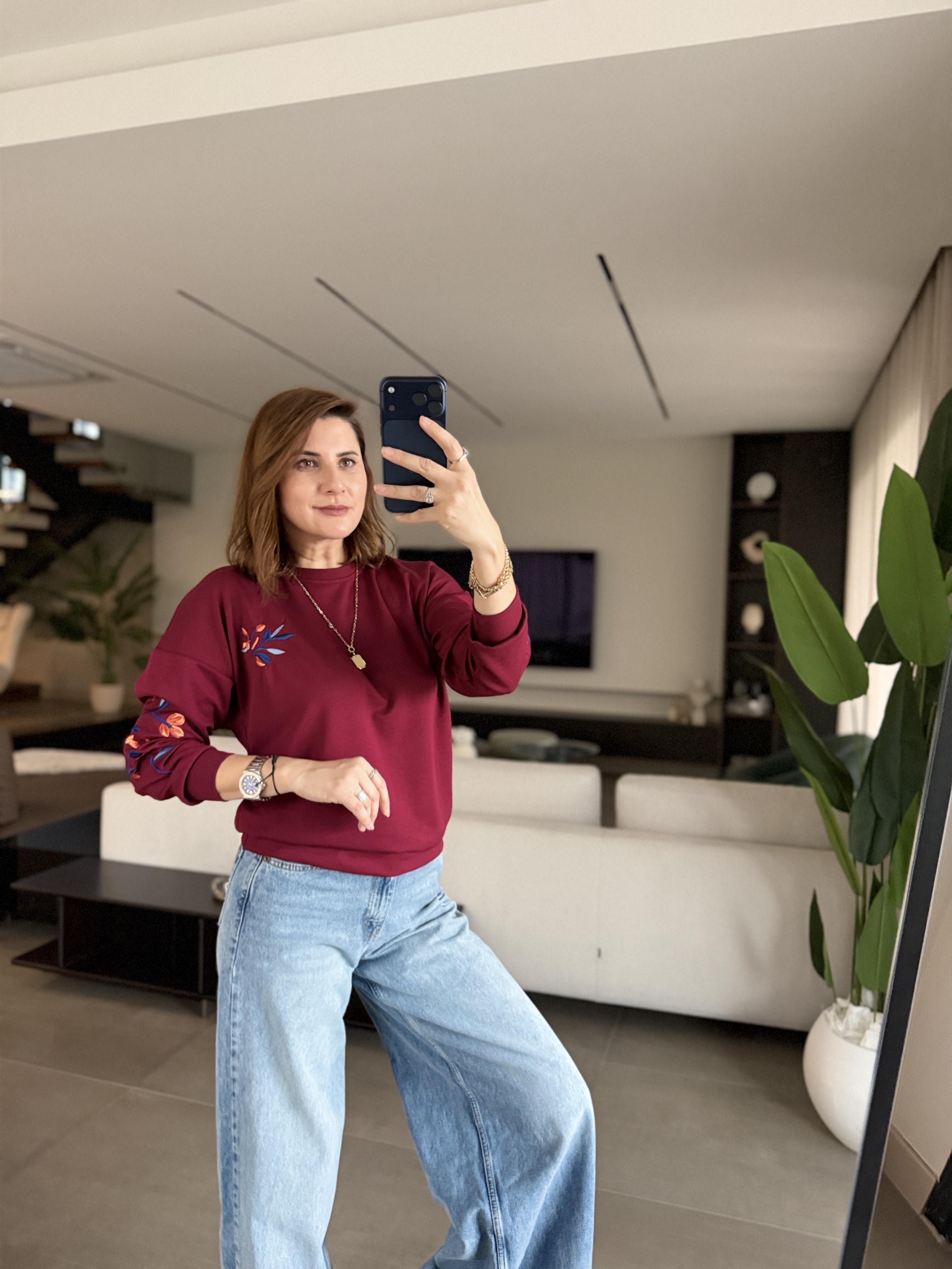 Bordo Kol Nakışlı Sweat