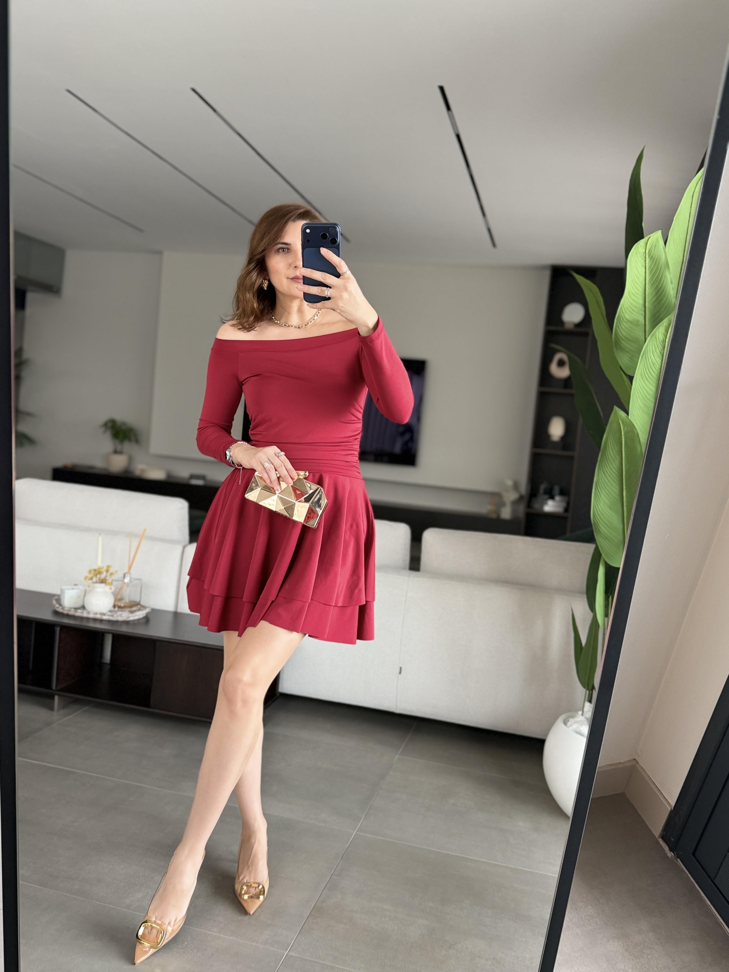 Bordo Madonna Yaka Drapeli Elbise