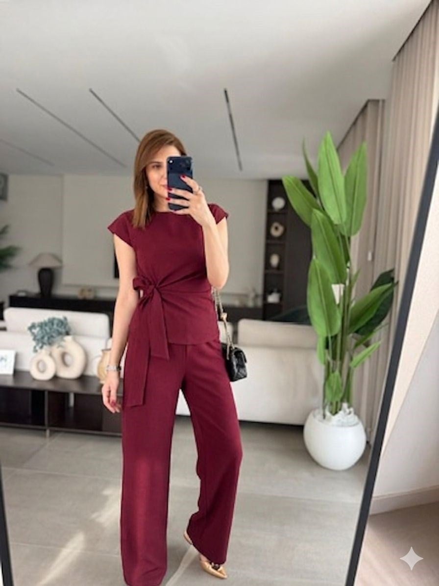 Bordo Önden Kuşaklı Bürümcük Takım