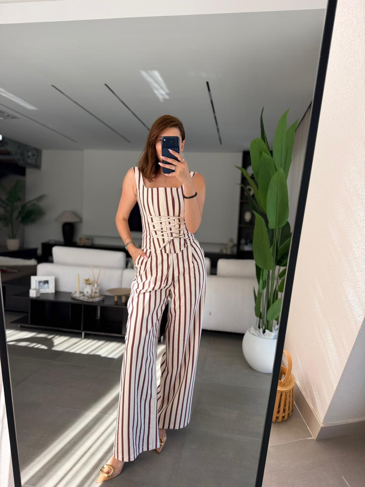Bordo Önü İpli Çizgili Bluz Takım