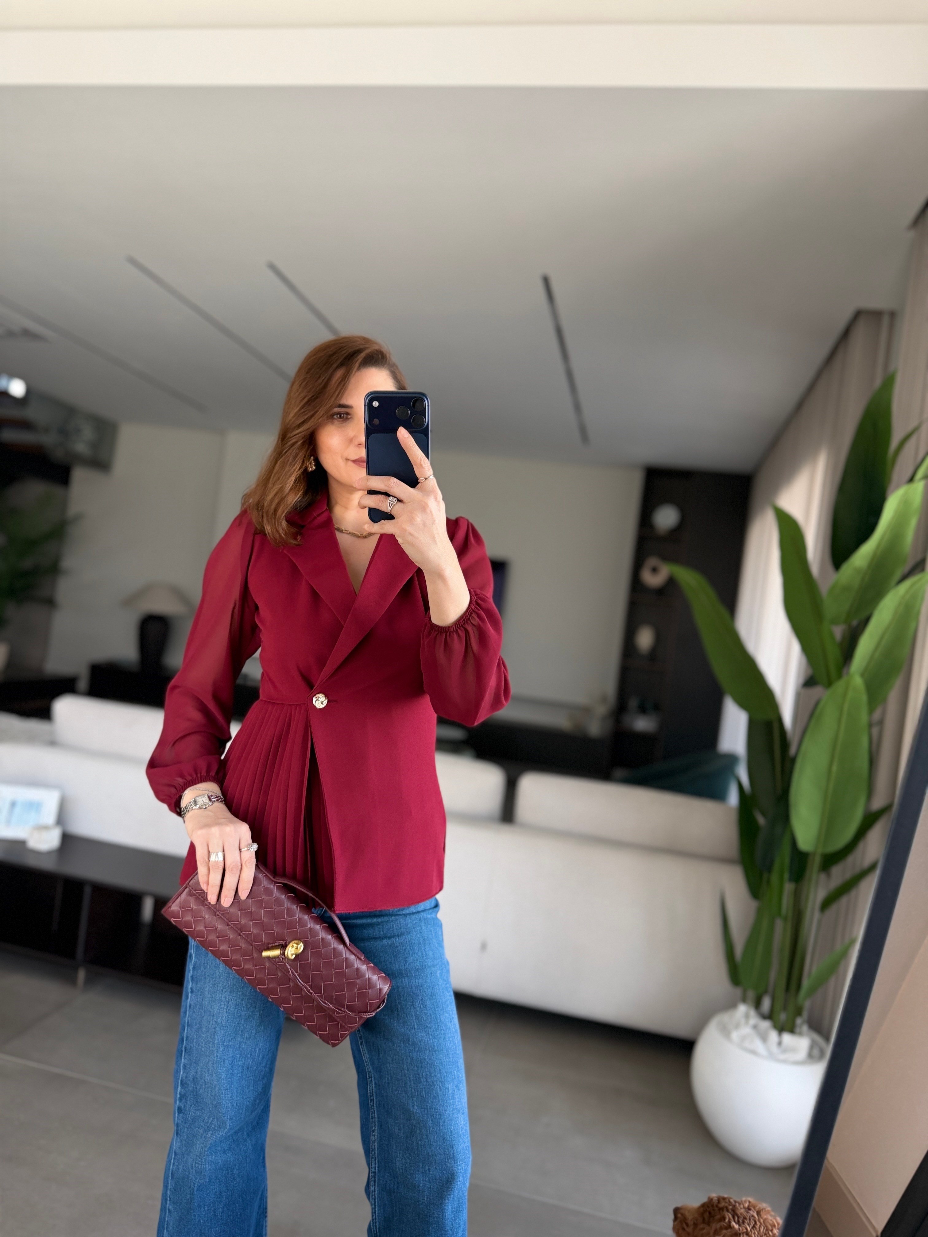 Bordo Pilise Detaylı Şifon Kol Ceket