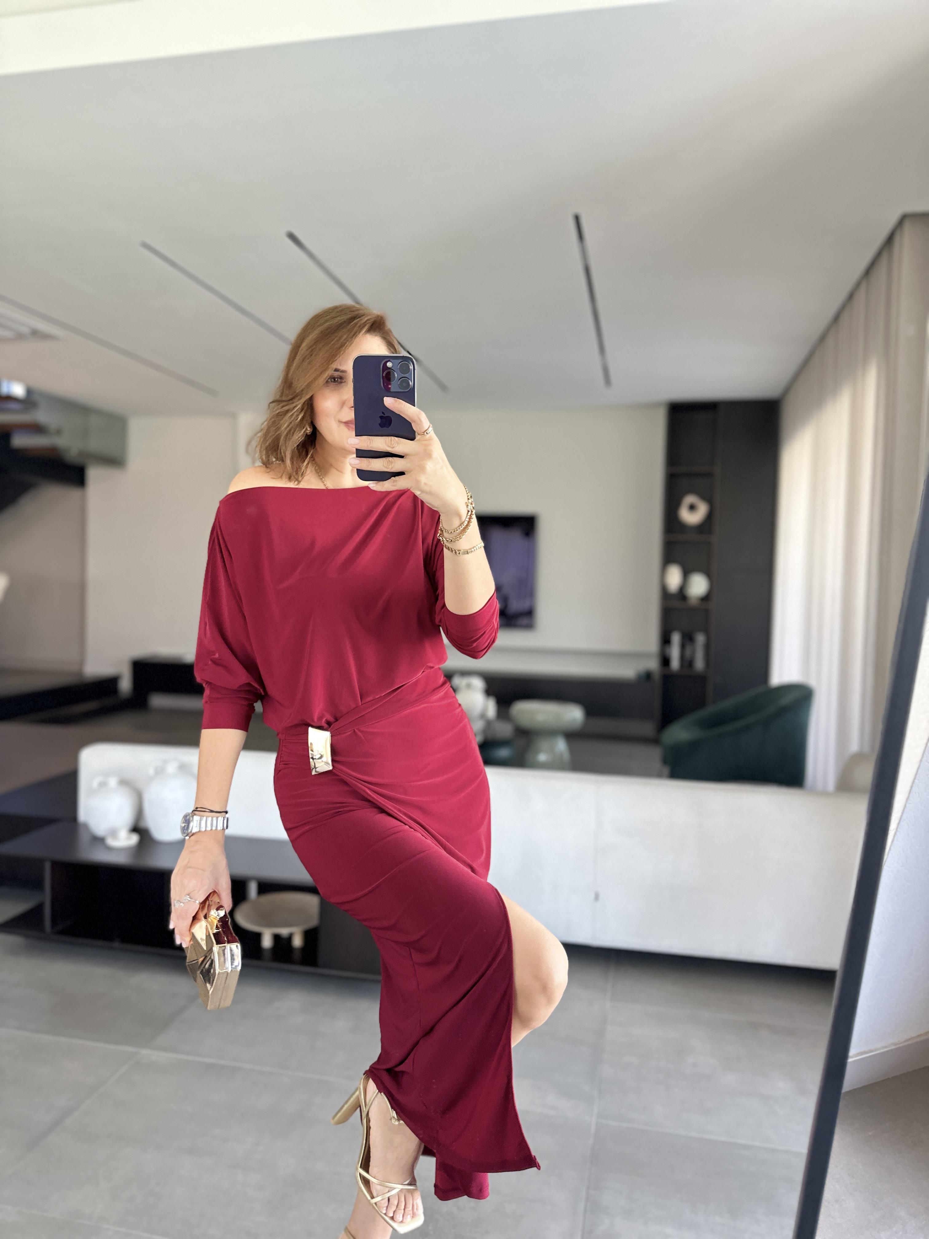 Bordo Sandy Tokalı Elbise