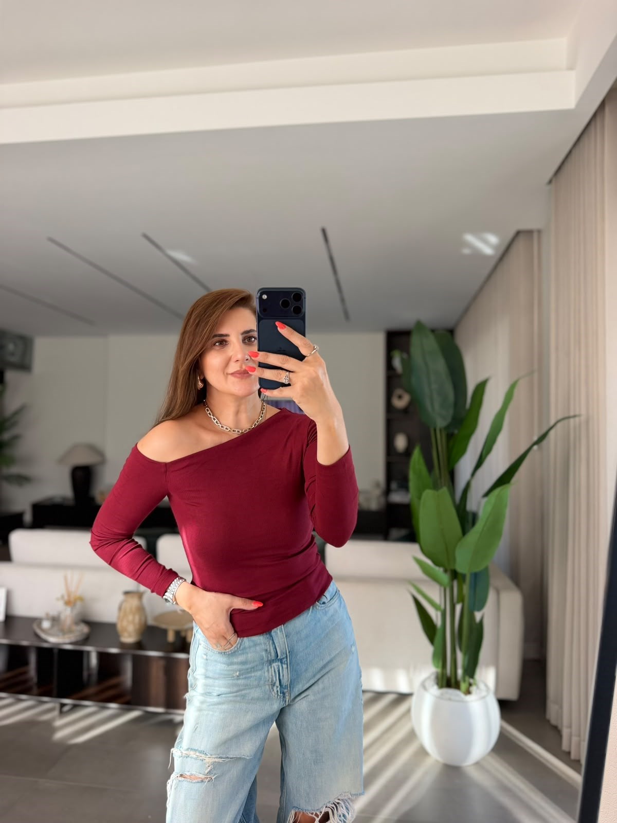 Bordo Tek Omuz Açık Bluz