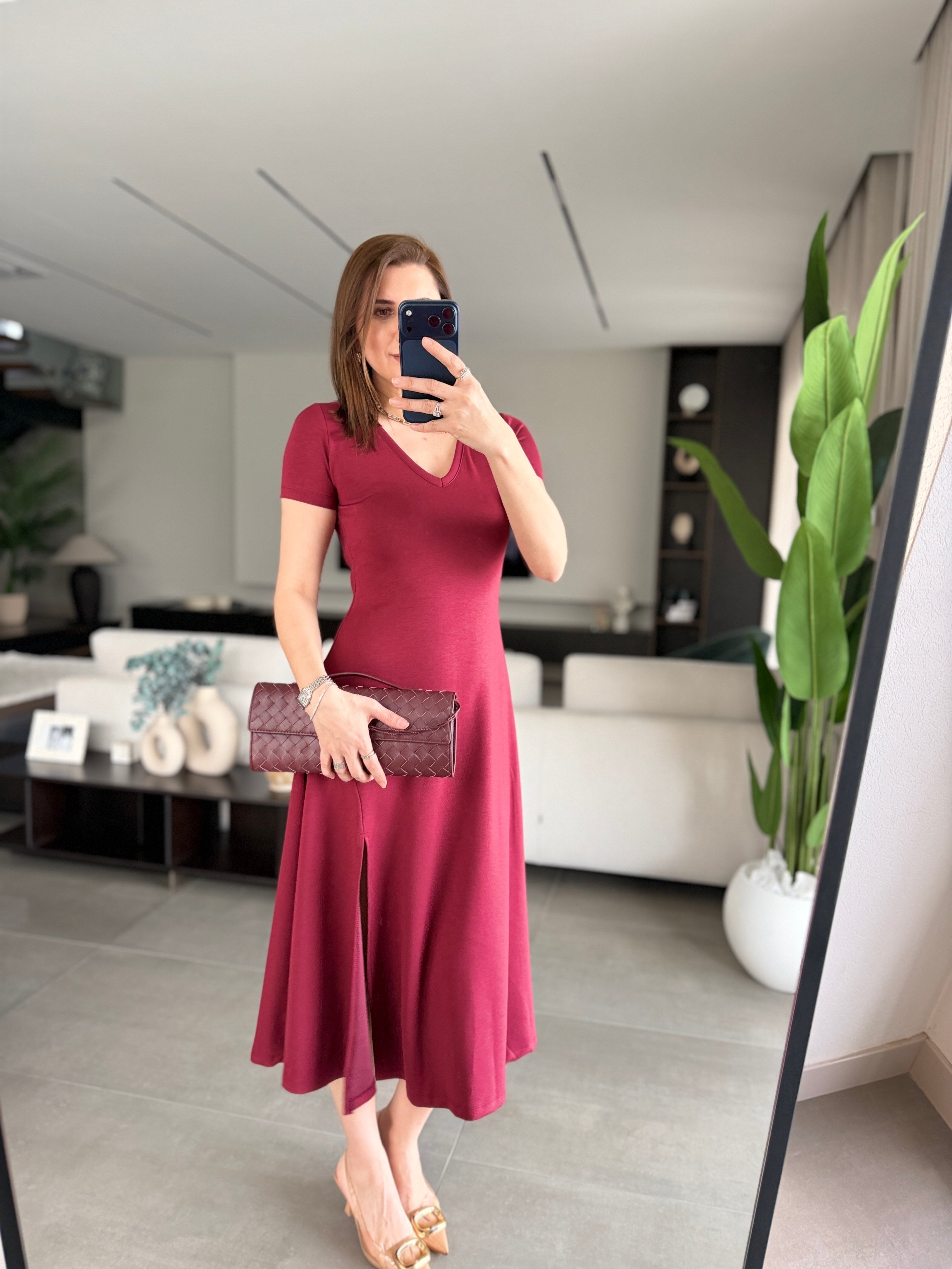 Bordo  V Yaka Yırtmaçlı Modal Elbise