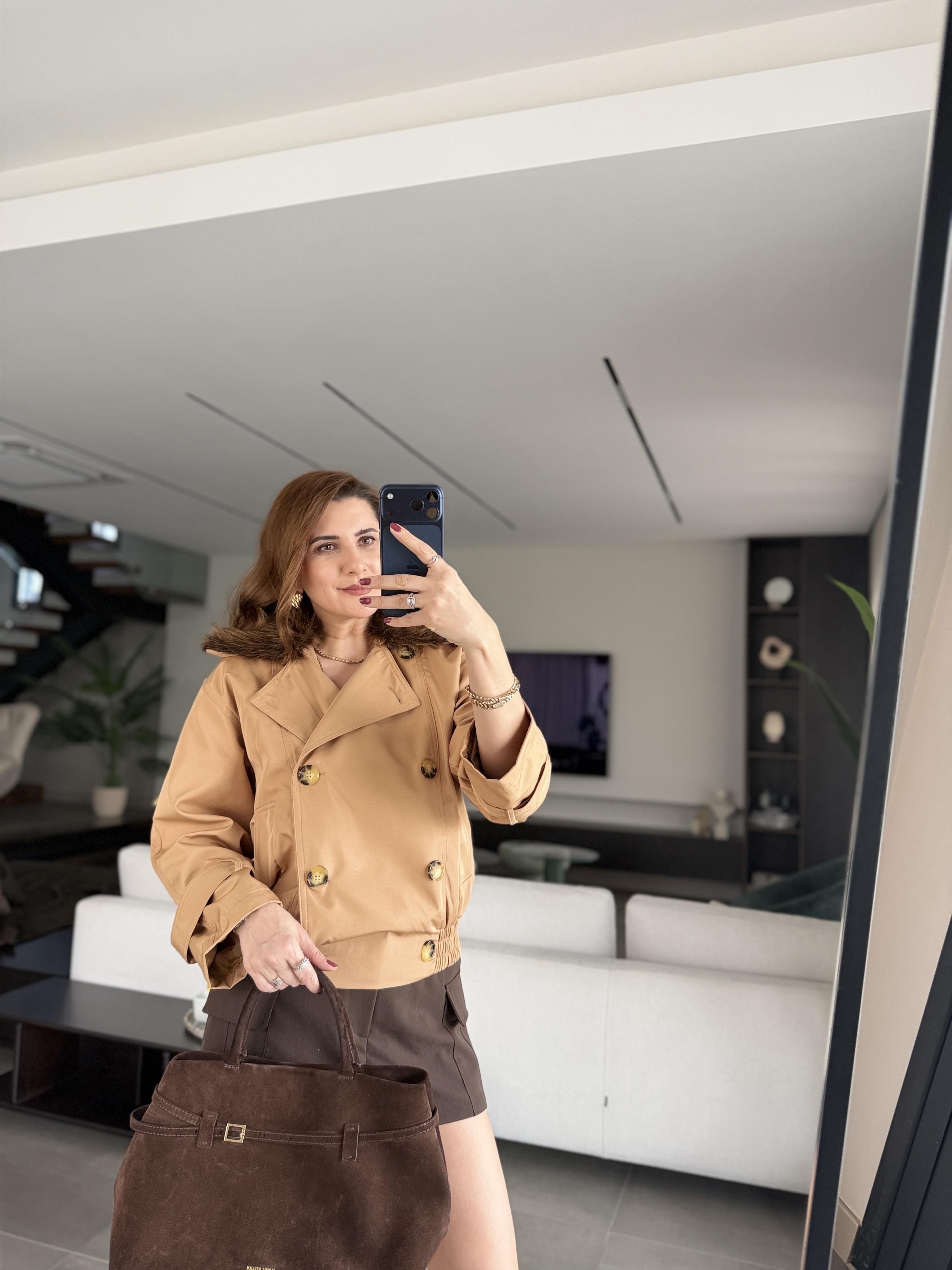 Camel Bel Lastikli Yaka Kürklü Trenckot