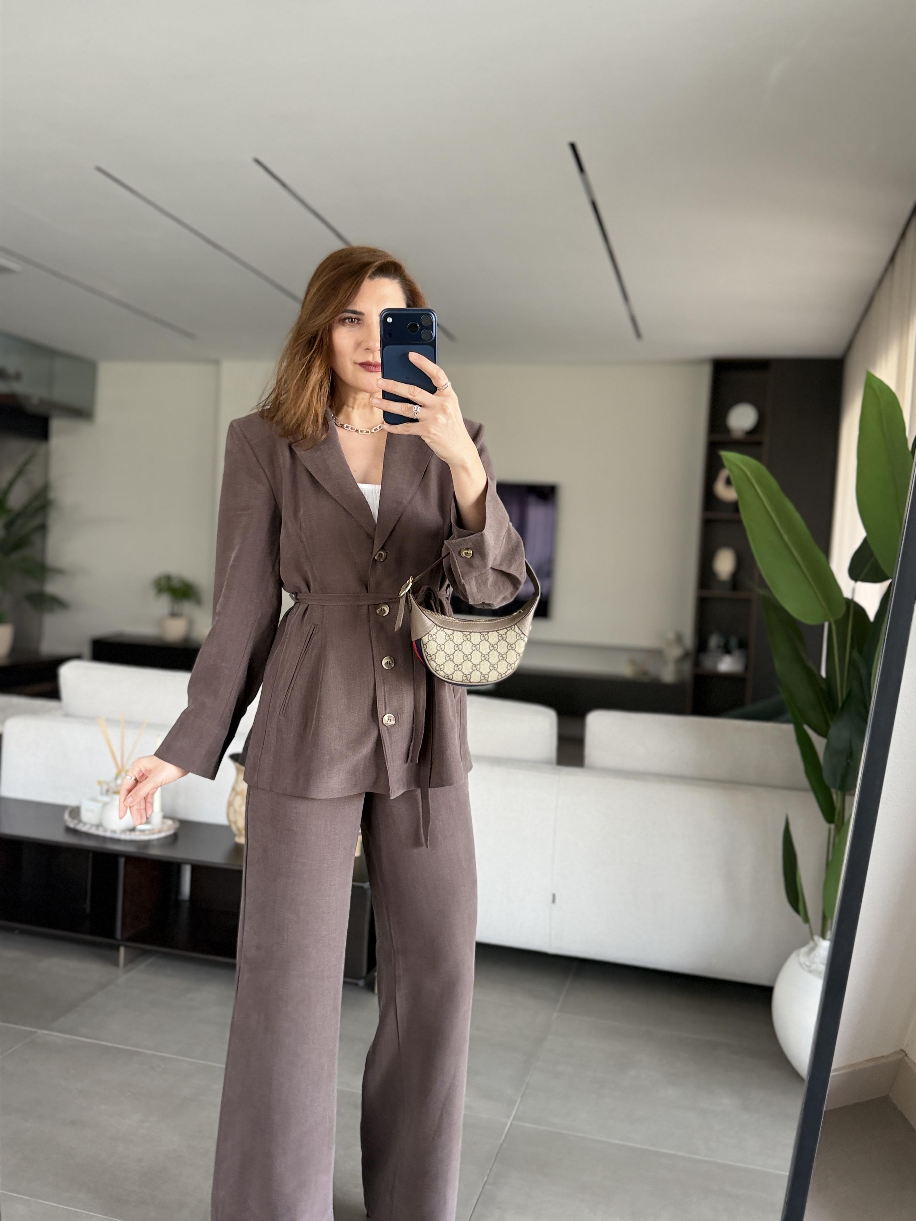 Düğmeli Kusak Detaylı Ceket Keten Takım