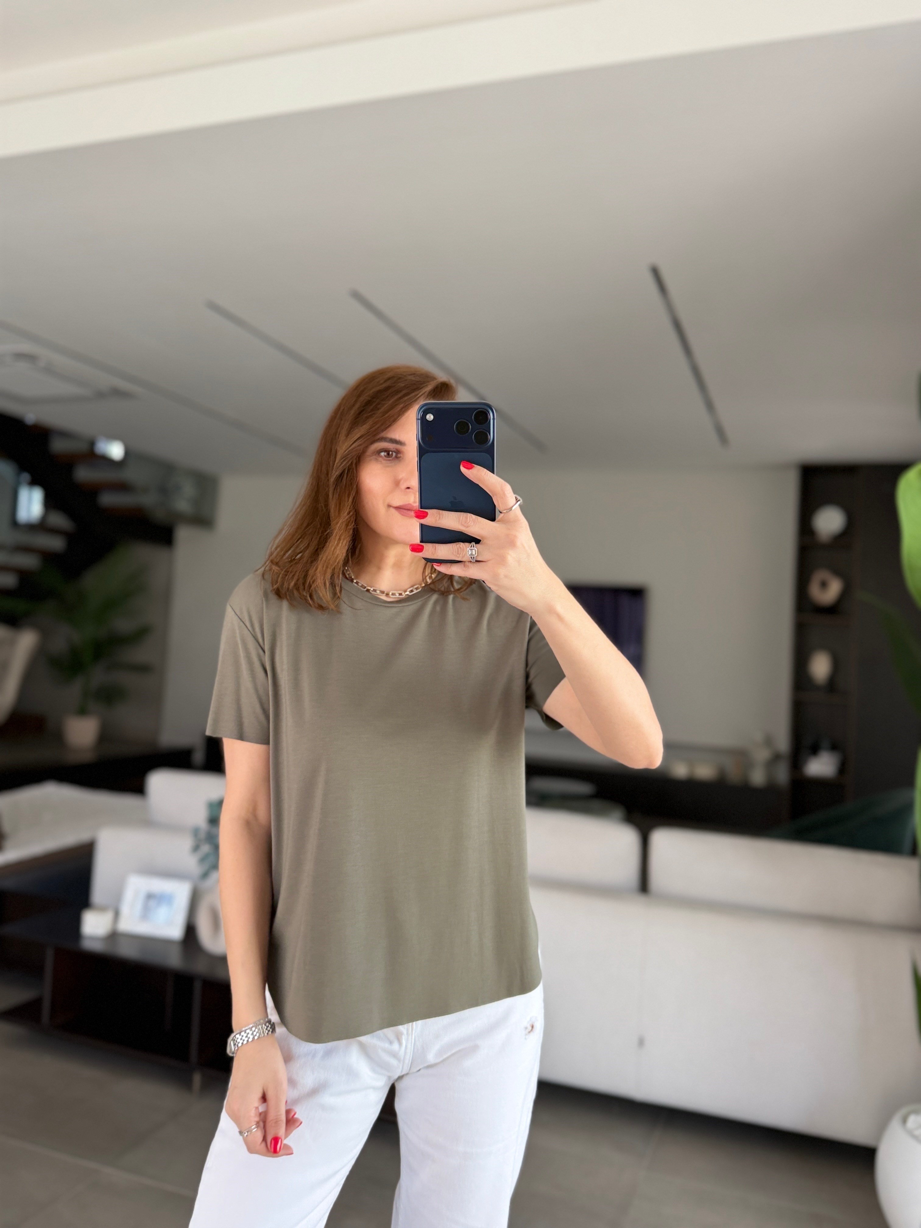 Haki Lazer Kesim Basic T-shirt