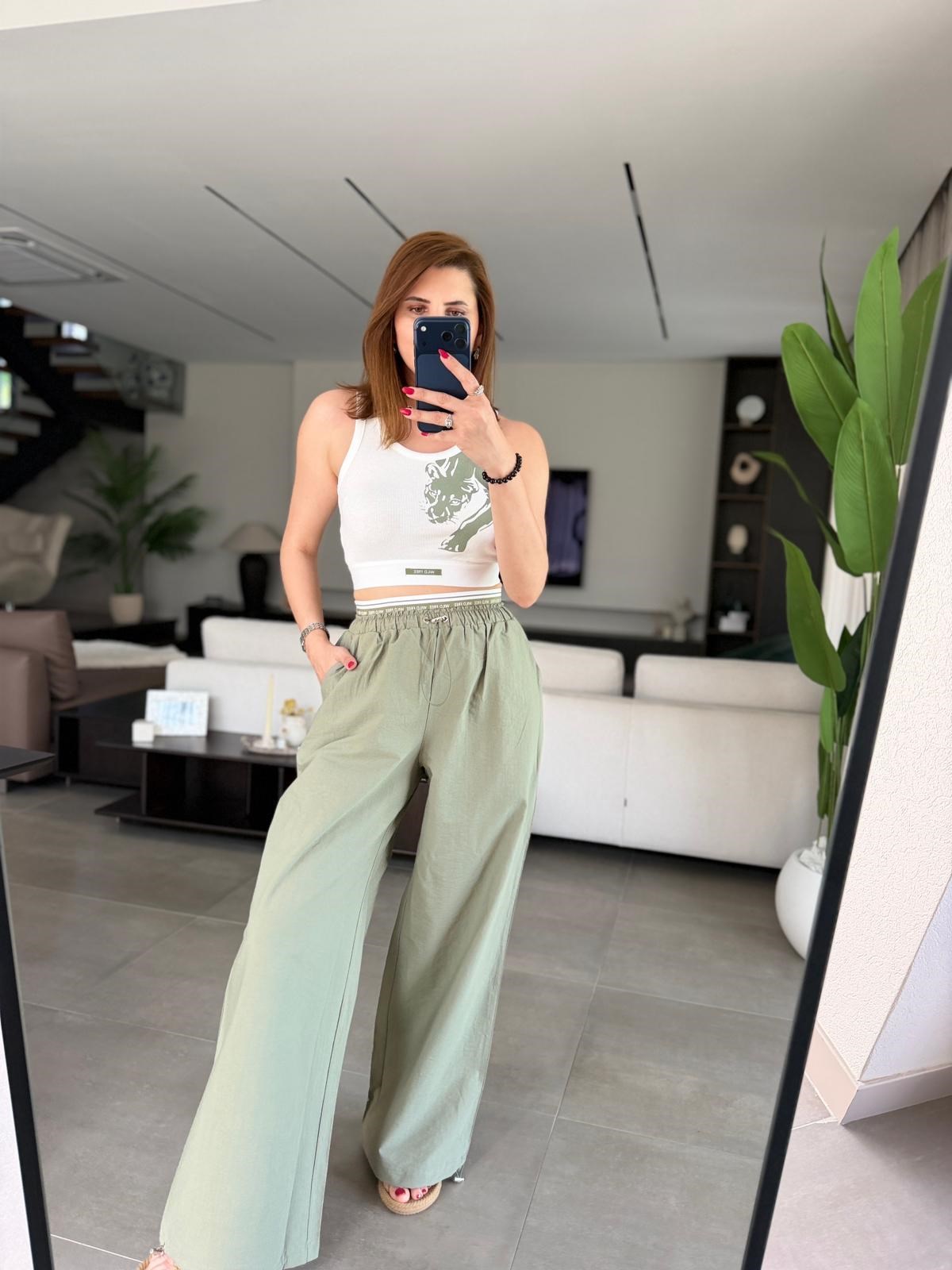 Haki Üst Crop Paça Lastik Detay Pantolon Takım